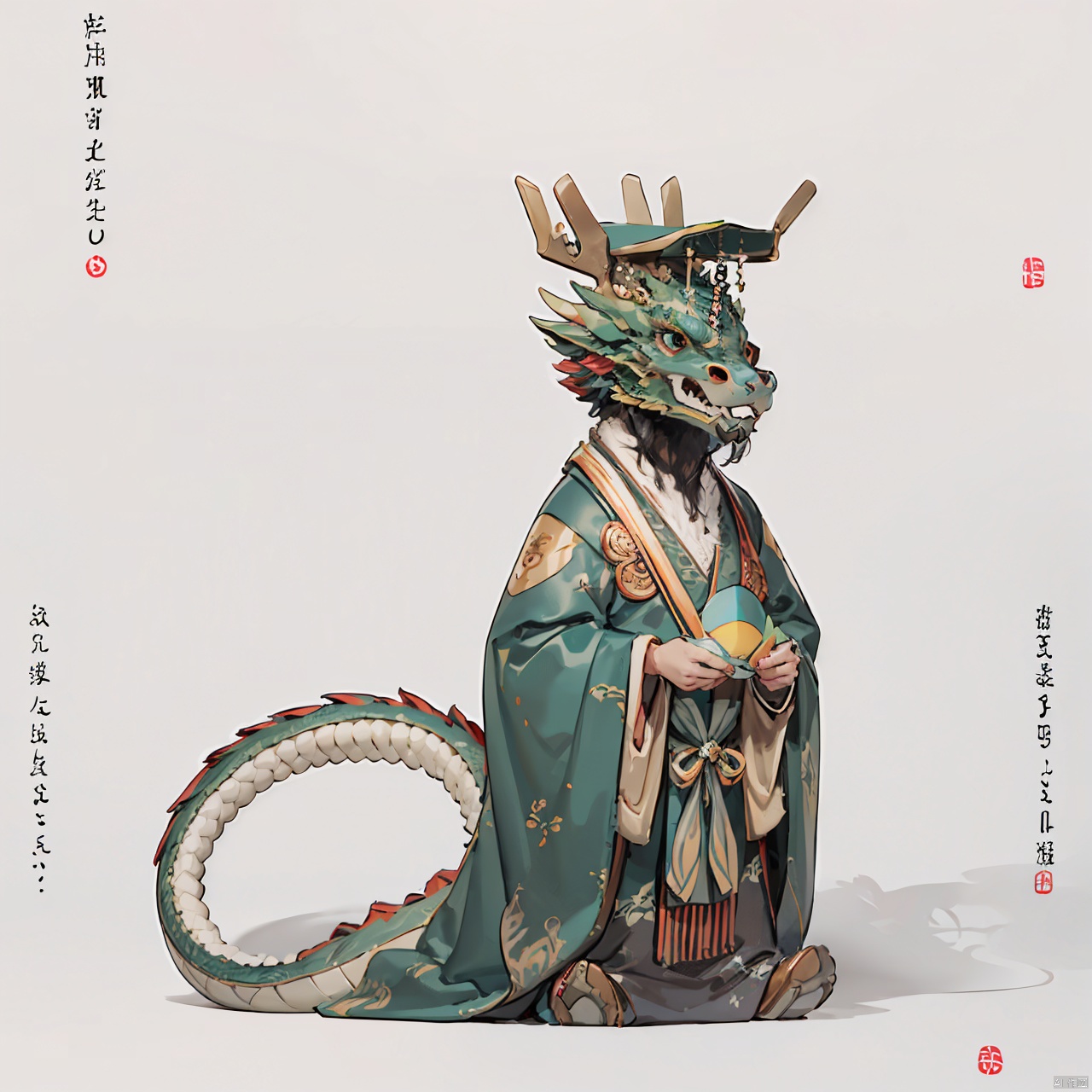  masterpiece, best quality, Dragon King, solo, hat, white background, holding, full body, no humans, robe