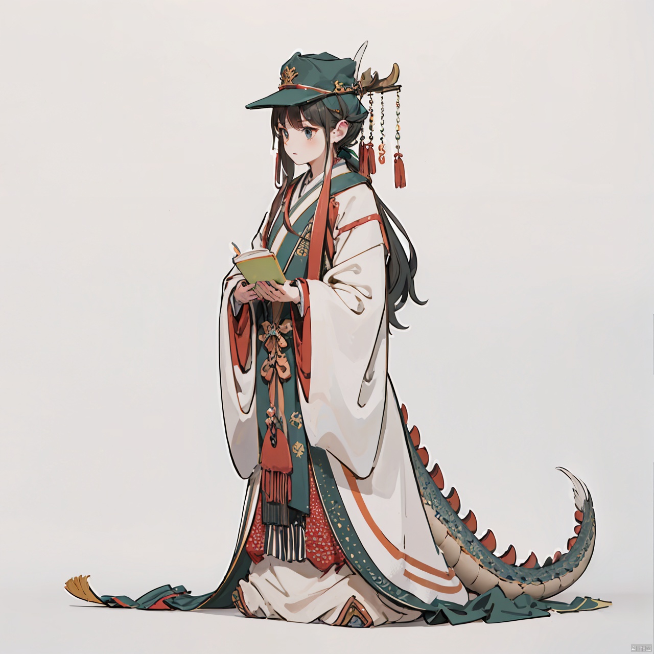  masterpiece, best quality, 1girl, Dragon King, solo, hat, white background, holding, full body, no humans, robe,
