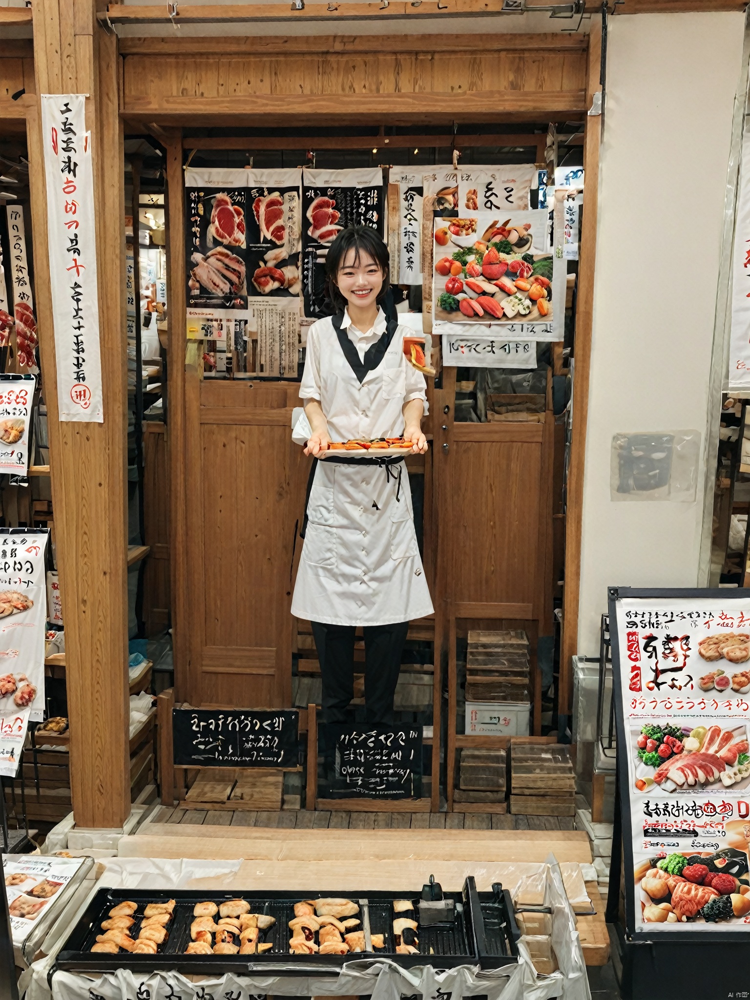  smile, short hair, open mouth, shirt, black hair, 1 girl, standing, white shirt, food,collared shirt, pants, indoors, apron, black pants, sleeves rolled up, shop, denji \(chainsaw man\), hayakawa aki