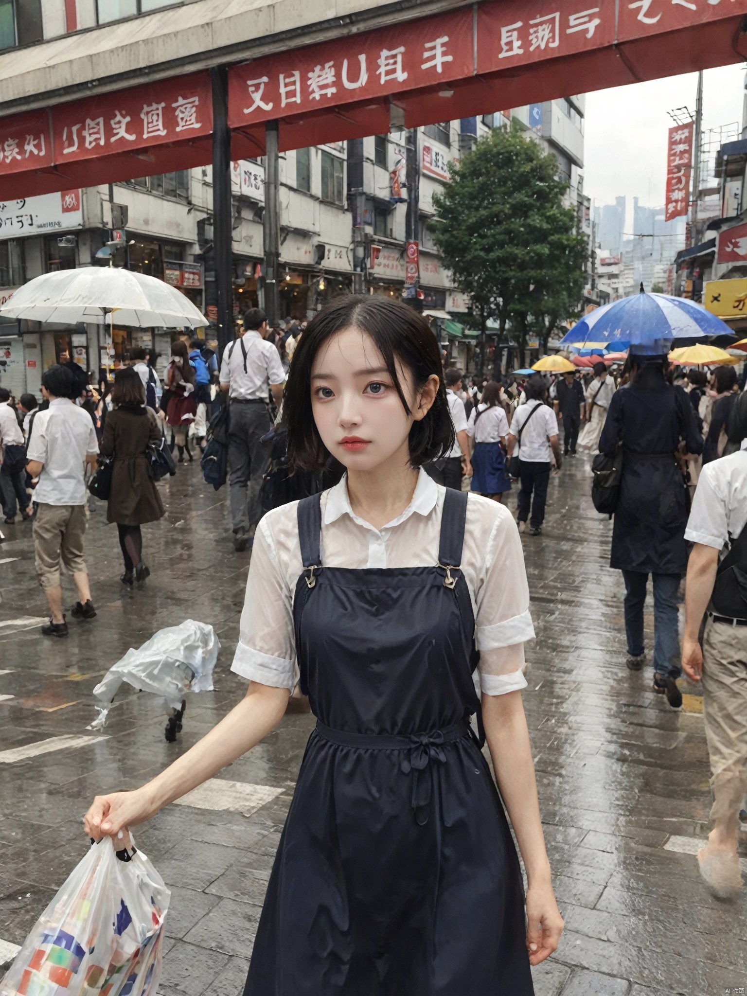  1girl, solo, open mouth, shirt, black hair, dress, holding, school uniform, white shirt, short sleeves, outdoors, solo focus, day, blurry, arm up, blurry background, umbrella, looking up, holding umbrella, realistic, pinafore dress, transparent, transparent umbrella, building, scenery, city, sign, cityscape, street, crowd, shop, real world location, storefront.