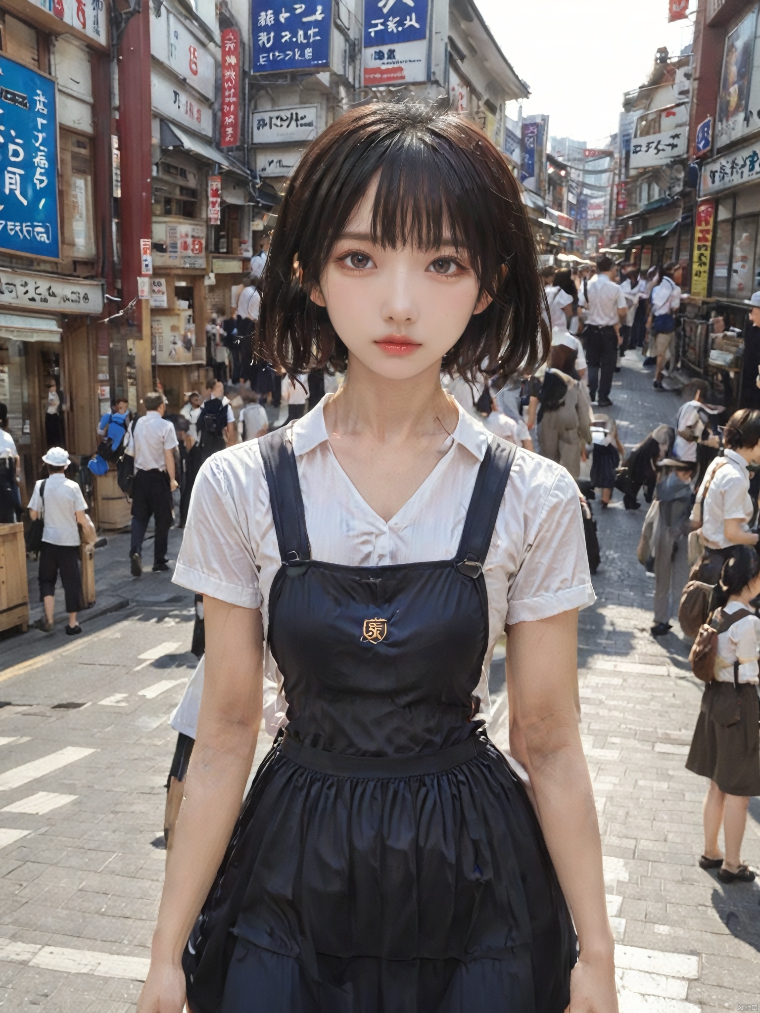  1girl, solo, open mouth, shirt, black hair, dress, holding, school uniform, white shirt, short sleeves, outdoors, solo focus, day, blurry, arm up, blurry background, looking up, realistic, pinafore dress, building, scenery, city, sign, cityscape, street, crowd, shop, real world location, storefront.