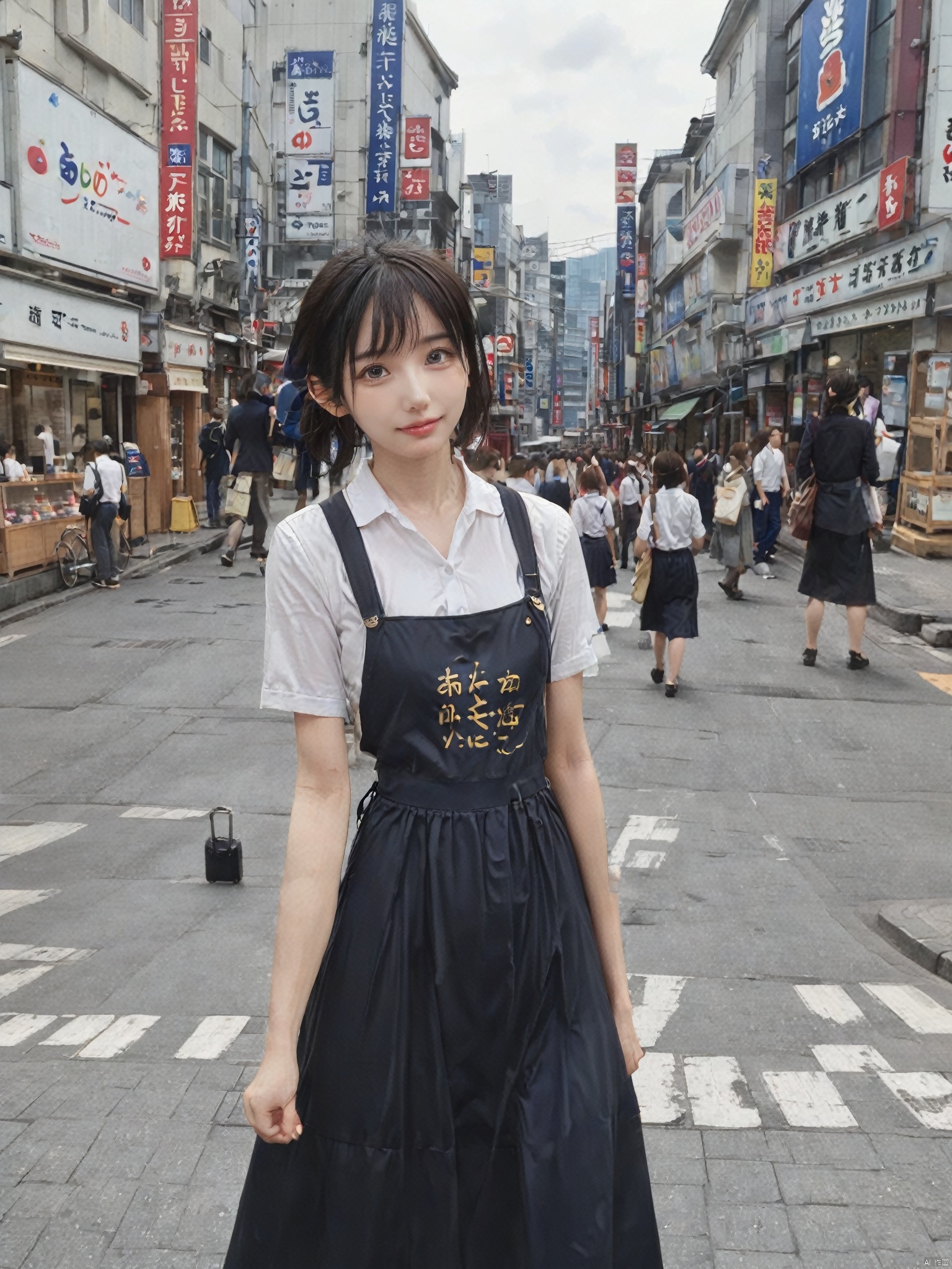 1girl, solo, shirt, black hair, dress,smile,school uniform, white shirt, short sleeves, outdoors, solo focus, day, blurry, arm up, blurry background, looking up, realistic, pinafore dress, building, scenery, city, sign, cityscape, street, crowd, shop, real world location, storefront.