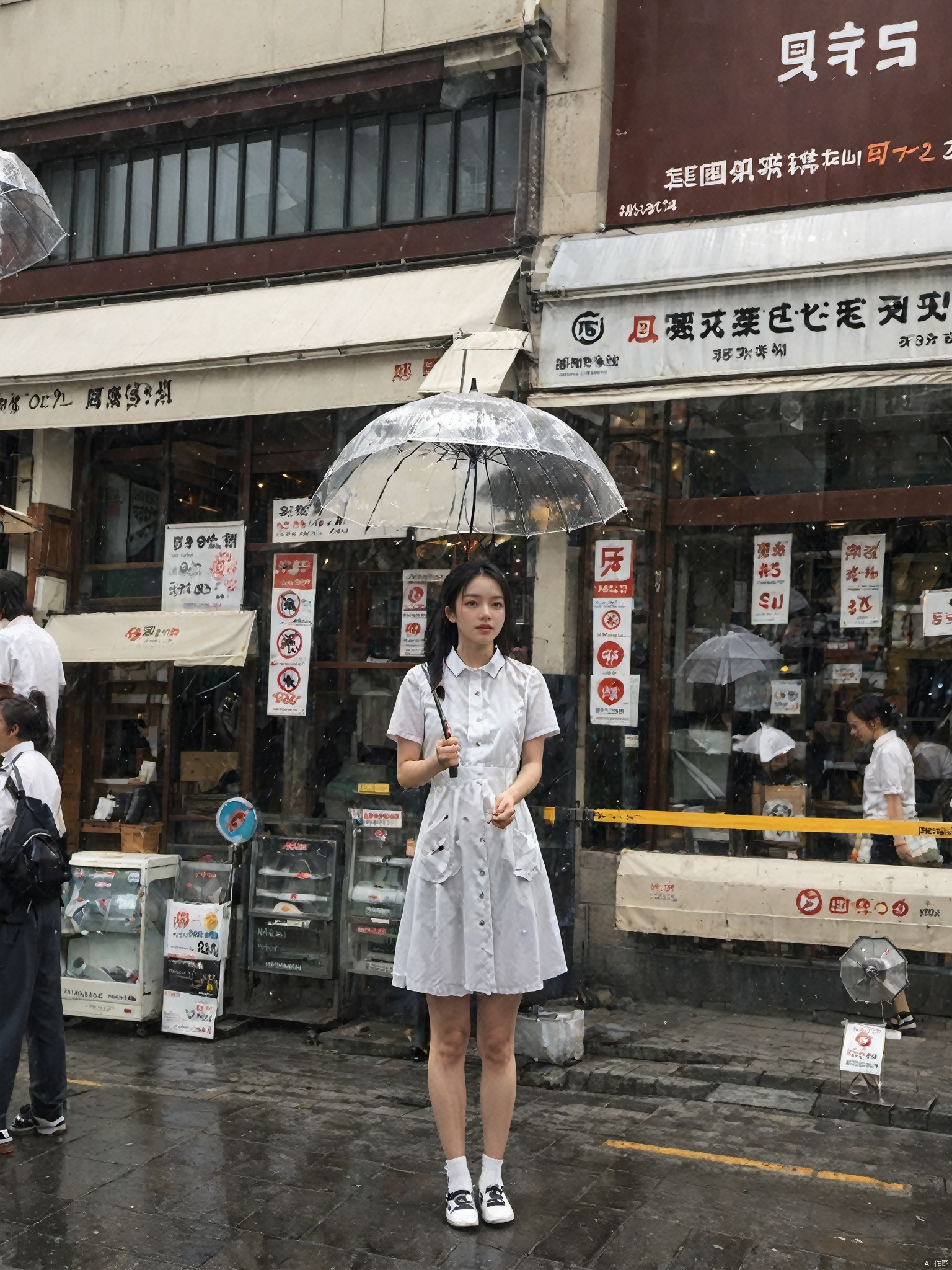  1girl, solo, open mouth, shirt, black hair, dress, holding, school uniform, white shirt, short sleeves, outdoors, solo focus, day, blurry, arm up, blurry background, umbrella, looking up, holding umbrella, realistic, pinafore dress, transparent, transparent umbrella, building, scenery, city, sign, cityscape, street, crowd, shop, real world location, storefront.