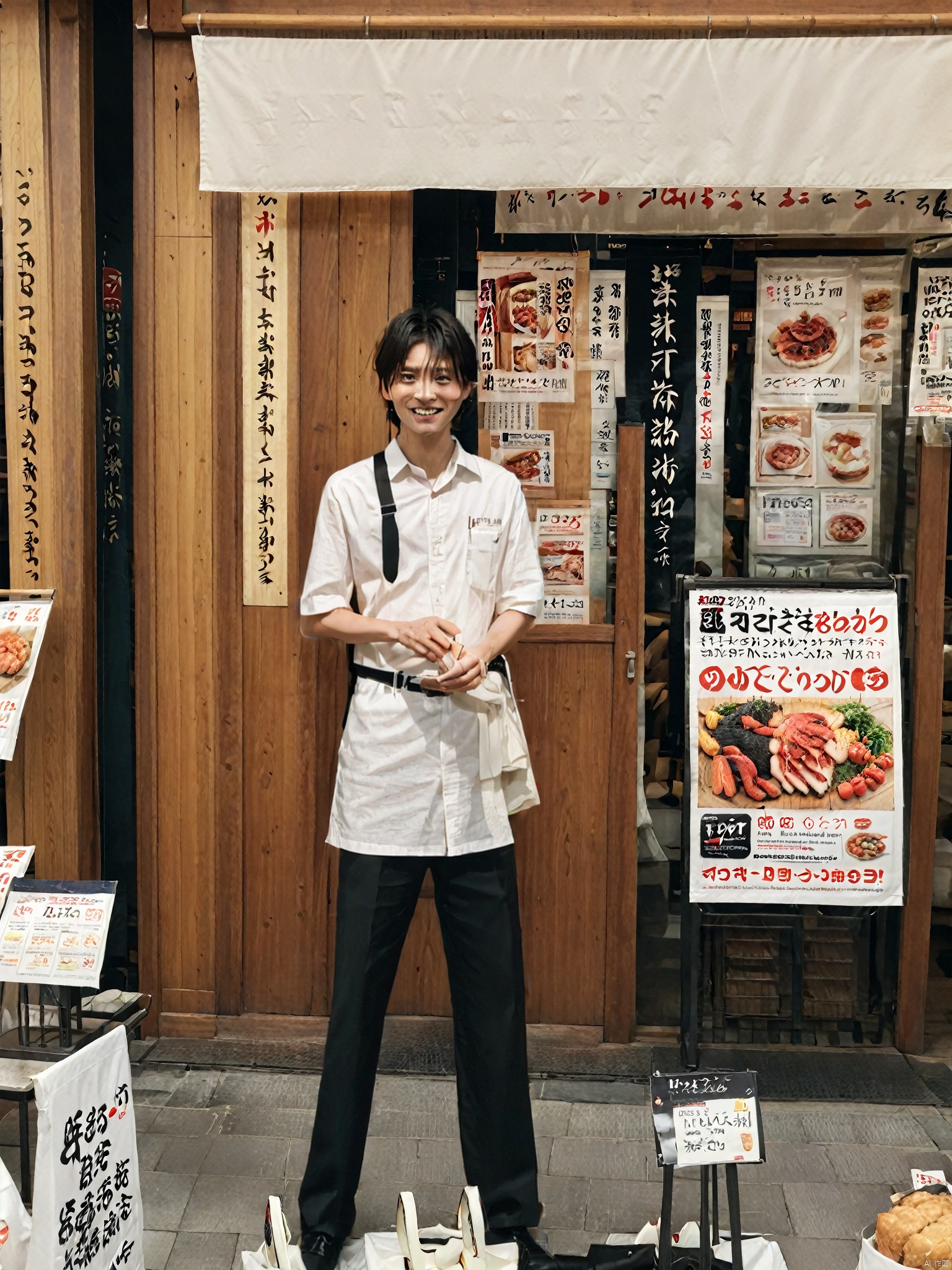  smile, short hair, open mouth, shirt, black hair, 1 girl, standing, white shirt, male focus, food,collared shirt, pants, indoors, apron, black pants, sleeves rolled up, shop, denji \(chainsaw man\), hayakawa aki