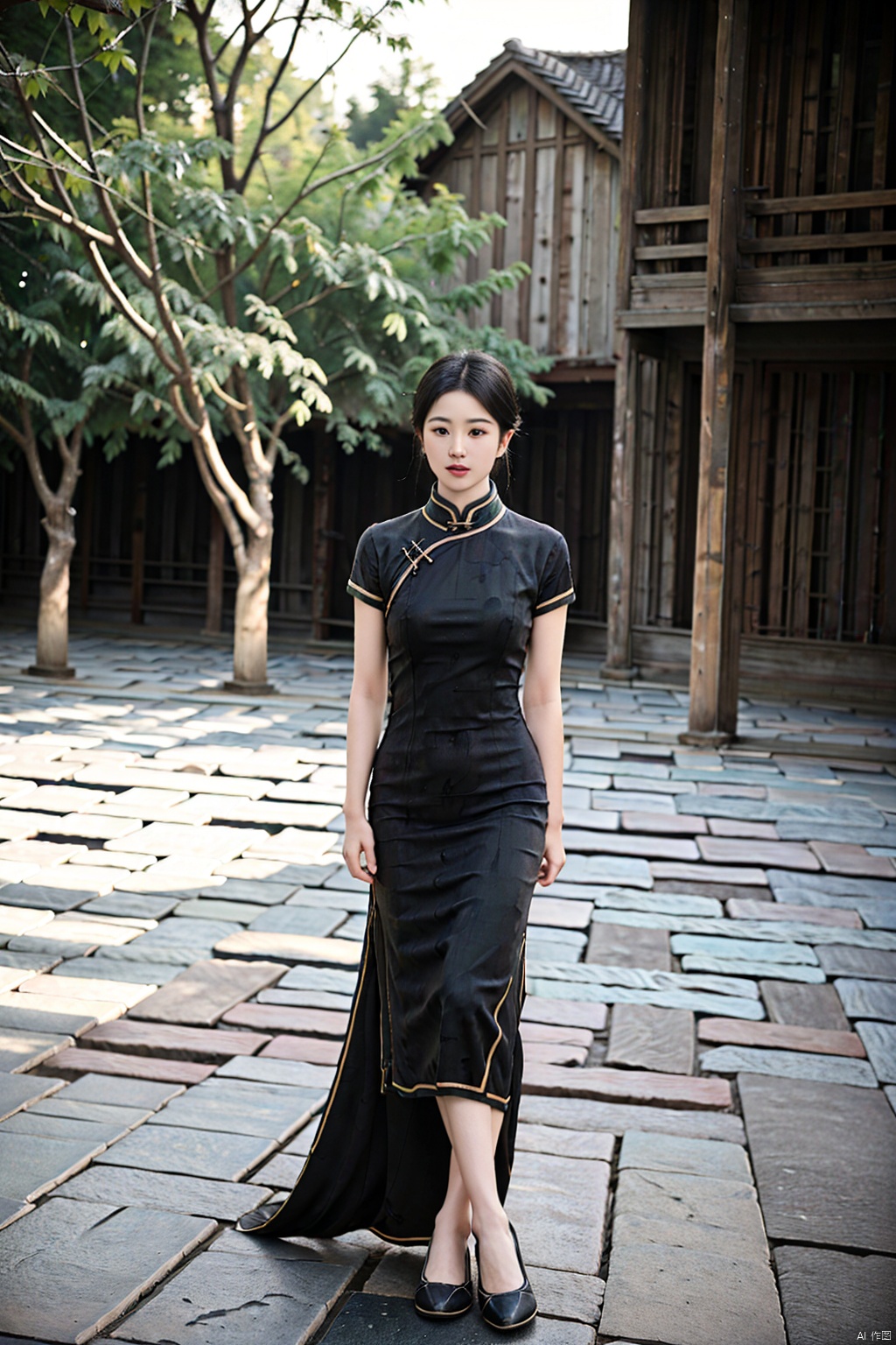 (1girl:1.3), (best quality, masterpiece, ultra high resolution),(photorealistic:1.3), (realistic:1.3), depth of field,(full body:1.2), (outdoors:1.2), (day:1.2), (cinematic lighting:1.2), qipao, sitting, 