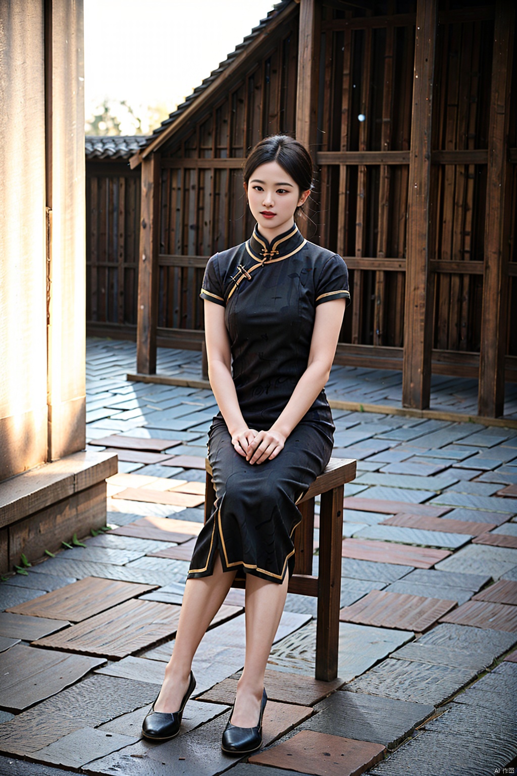 (1girl:1.3), (best quality, masterpiece, ultra high resolution),(photorealistic:1.3), (realistic:1.3), depth of field,(full body:1.2), (outdoors:1.2), (day:1.2), (cinematic lighting:1.2), qipao,sitting, 