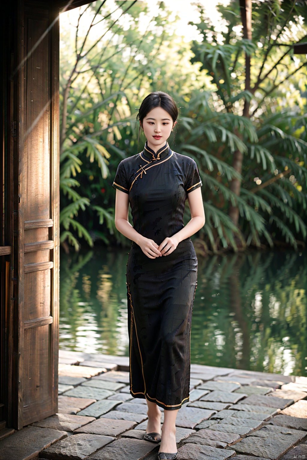 (1girl:1.3), (best quality, masterpiece, ultra high resolution),(photorealistic:1.3), (realistic:1.3), depth of field,(full body:1.2), (outdoors:1.2), (day:1.2), (cinematic lighting:1.2), qipao,, 