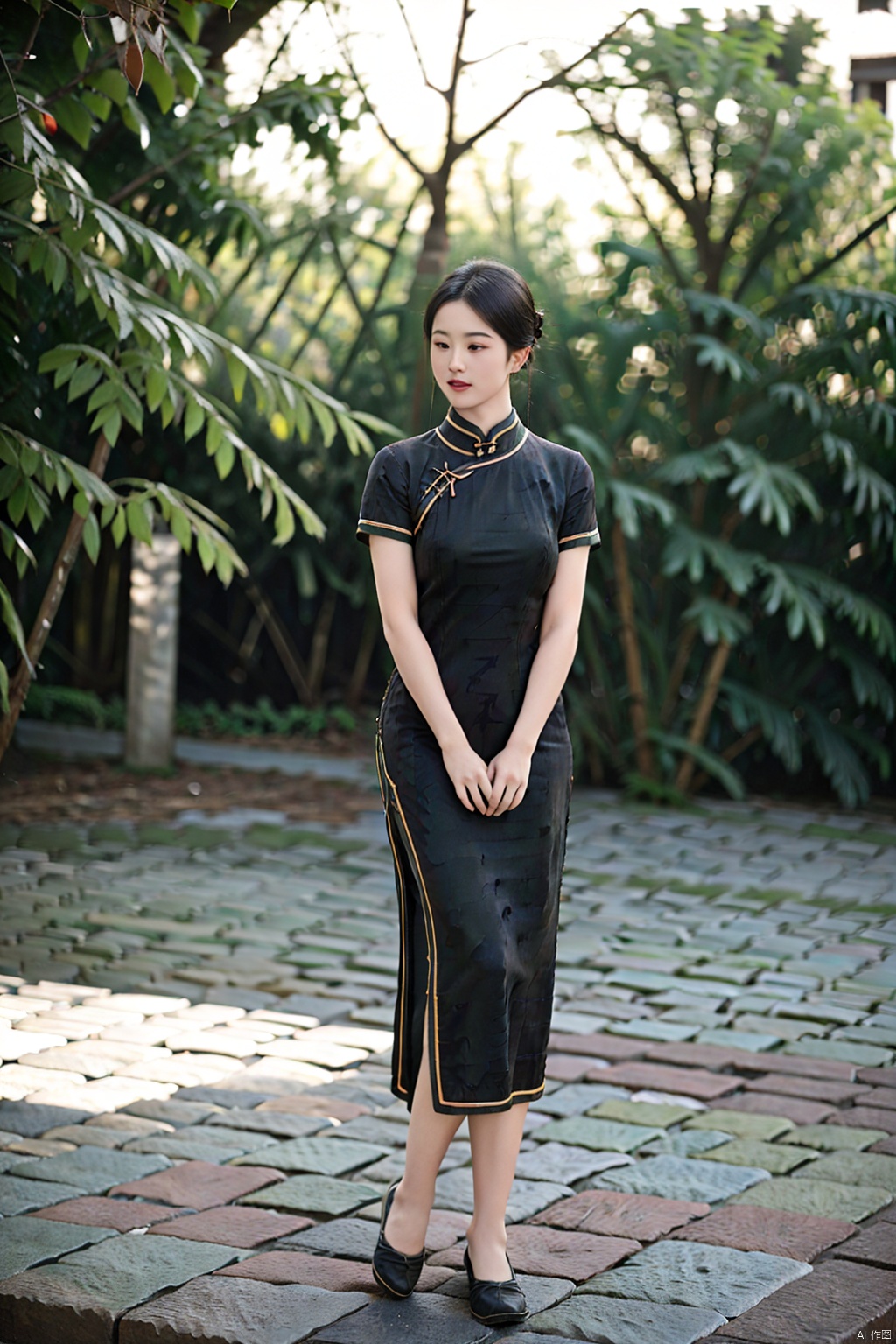 (1girl:1.3), (best quality, masterpiece, ultra high resolution),(photorealistic:1.3), (realistic:1.3), depth of field,(full body:1.2), (outdoors:1.2), (day:1.2), (cinematic lighting:1.2), qipao,sitting, 