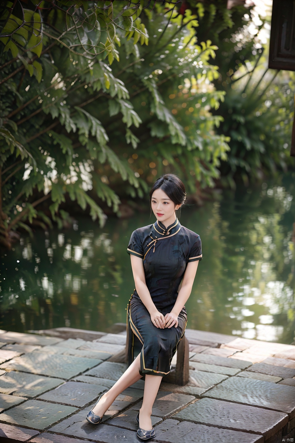 (1girl:1.3), (best quality, masterpiece, ultra high resolution),(photorealistic:1.3), (realistic:1.3), depth of field,(full body:1.2), (outdoors:1.2), (day:1.2), (cinematic lighting:1.2), qipao,sitting, 