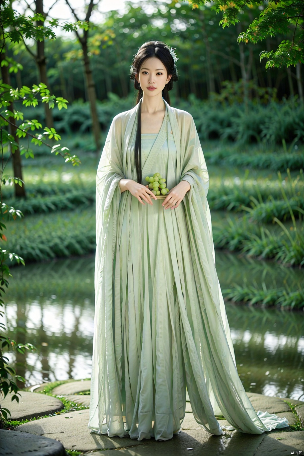 (1girl:1.3), (best quality, masterpiece, ultra high resolution),(photorealistic:1.3), (realistic:1.3), depth of field,(full body:1.2), (outdoors:1.2), (day:1.2), (cinematic lighting:1.2), hanfu, green grape,lying