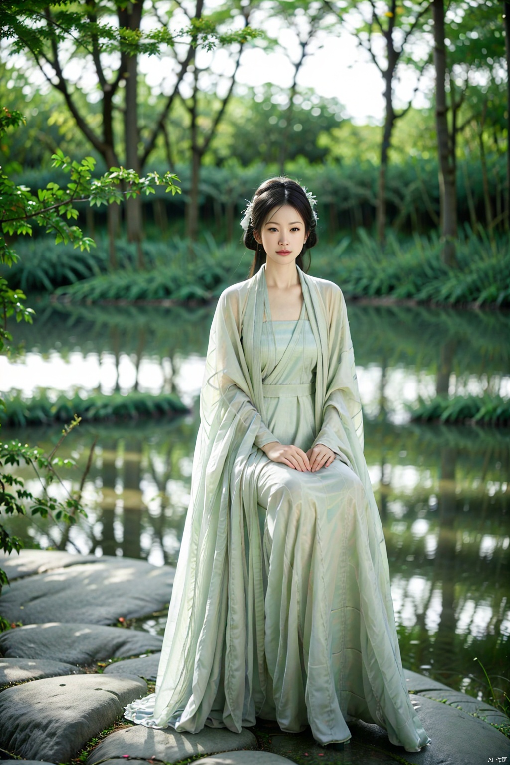 (1girl:1.3), (best quality, masterpiece, ultra high resolution),(photorealistic:1.3), (realistic:1.3), depth of field,(full body:1.2), (outdoors:1.2), (day:1.2), (cinematic lighting:1.2), hanfu, sitting