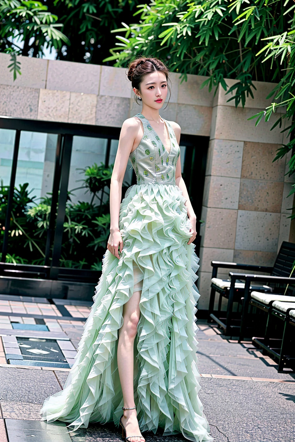 (1girl:1.3), (best quality, masterpiece, ultra high resolution),(photorealistic:1.3), (realistic:1.3), depth of field,(full body:1.2), (outdoors:1.2), (day:1.2), (cinematic lighting:1.2), light green dress