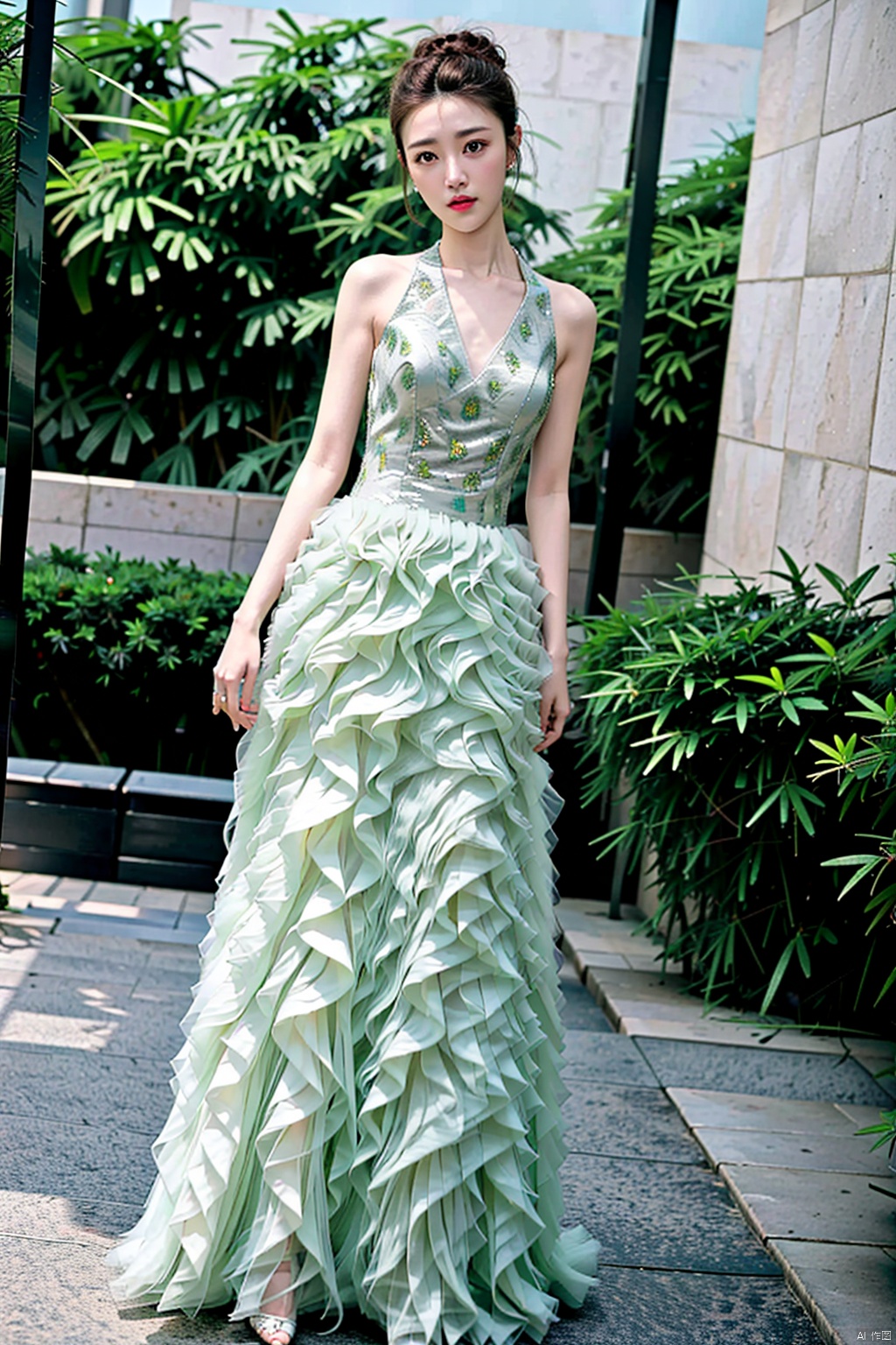 (1girl:1.3), (best quality, masterpiece, ultra high resolution),(photorealistic:1.3), (realistic:1.3), depth of field,(full body:1.2), (outdoors:1.2), (day:1.2), (cinematic lighting:1.2), light green dress, near to camera