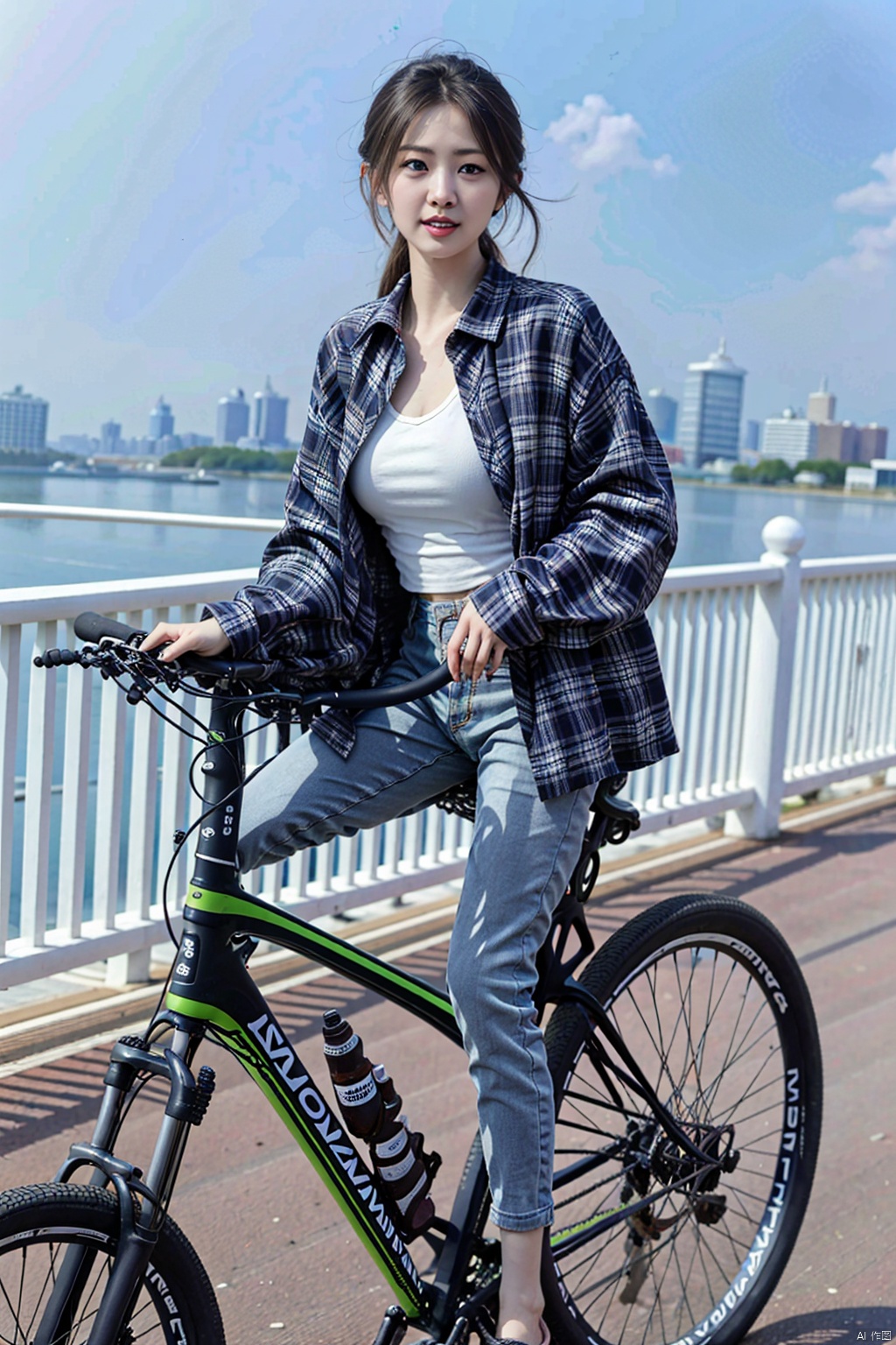 (1girl:1.3), (best quality, masterpiece, ultra high resolution),(photorealistic:1.3), (realistic:1.3), depth of field,(full body:1.2), (outdoors:1.2), (day:1.2), (cinematic lighting:1.2),skinny jeans, near to camera, riding a bike