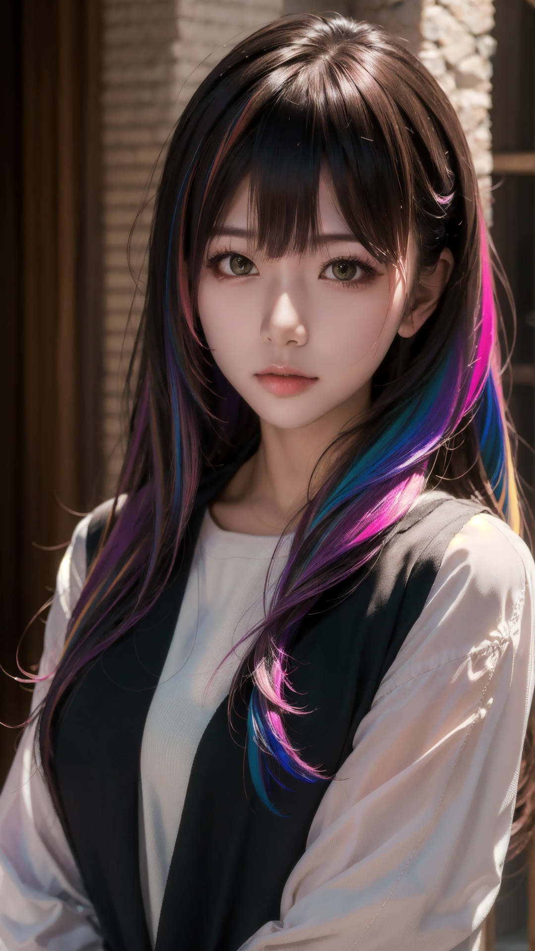 long hair,bangs,high-resolution image,natural light,Asian ethnicity,young woman,(masterpiece:1.1),(highest quality:1.1),(HDR:1),really wild hair,mane,multicolored hairlighting,(from front:0.6),