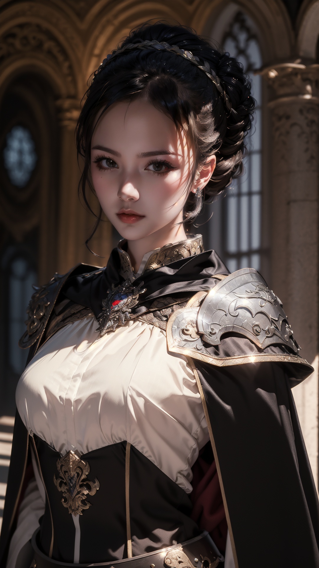 long hair, high-resolution image,natural light,Asian ethnicity,young woman,serious look pressed lips, (black updo:1.2), (black steel armor:1.1) and robes (cape:1.2) royalty ornate (embroidery:0.5) with sword, skinny (Gorget Plackart pauldron :1.3), (masterpiece:1.2) (illustration:1.1) (best quality:1.2) (detailed) (intricate) (8k) (HDR) (wallpaper) (cinematic lighting) (sharp focus)