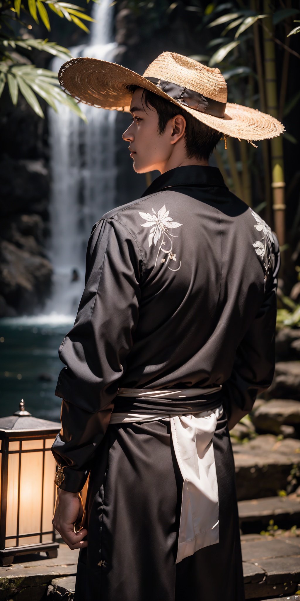 chinese ink style,  moonlight scattered on the waterfall,  and on the bamboo path stood a man wearing a straw hat with a cold expression. he was wearing a black flying fish suit and looked like a royal guards. the hem of the hanfu was painted with flowers,  shimmering with stars. there was a small bamboo forest below the waterfall,  birds,  insects,  and fish. on the left side of his waist was a single knife,  with a shark skin scabbard and exquisite patterns on the scabbard. the handle of the tiger head was lifelike,  and he turned his back to the camera and looked at me sideways,  the expression was full of disdain,  but the knife was half drawn. it was a masterpiece,  complex,  with perfect coherence in movements,  super detailed,  the best quality,  the best picture quality,  detailed closeup,  and a sense of impact on the screen