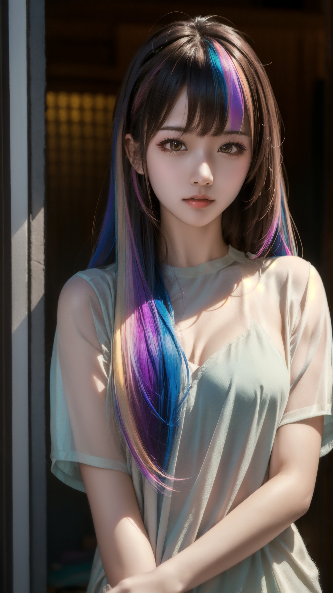 long hair,bangs,high-resolution image,natural light,Asian ethnicity,young woman,(masterpiece:1.1),(highest quality:1.1),(HDR:1),really wild hair,mane,multicolored hairlighting,(from front:0.6),