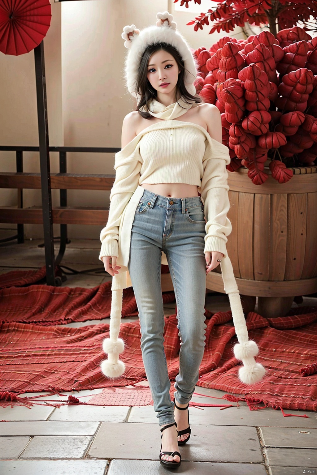 (1girl:1.3), (best quality, masterpiece, ultra high resolution),(photorealistic:1.3), (realistic:1.3), depth of field,(full body:1.2), (outdoors:1.2), (day:1.2), (cinematic lighting:1.2),skinny jeans, near to camera, new year, Sugar-coated haws
