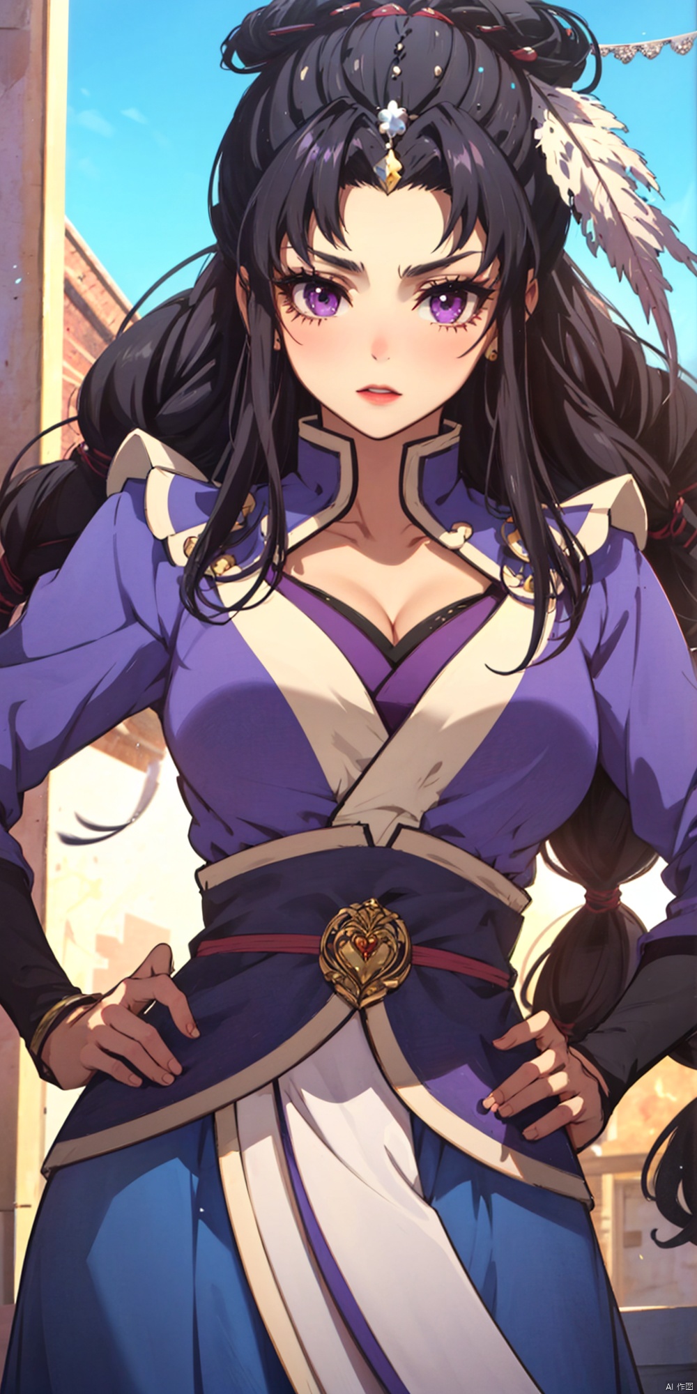 1girl, solo, long hair, A young girl,
large chest,large chest,There is a heart shaped tattoo under the clear left eye,Wearing a pearl necklace on his head,plume,
, black hair, dress, purple eyes, hand on hip, parody