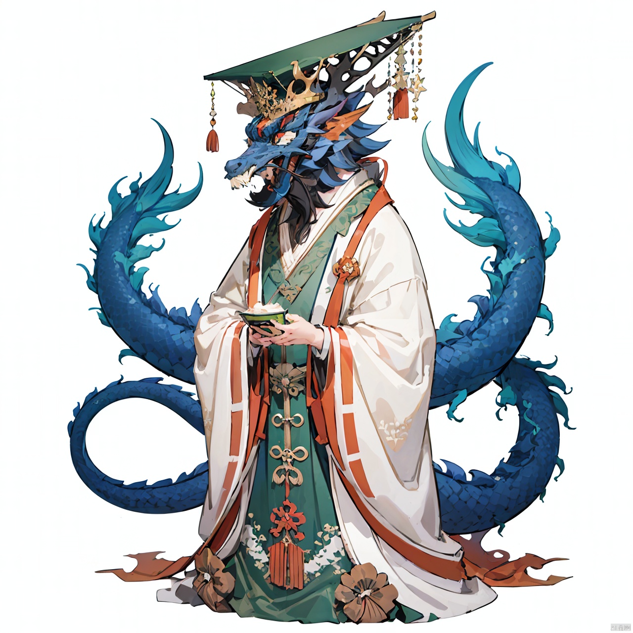  masterpiece, best quality, Dragon King, solo, hat, white background, holding, full body, no humans, robe