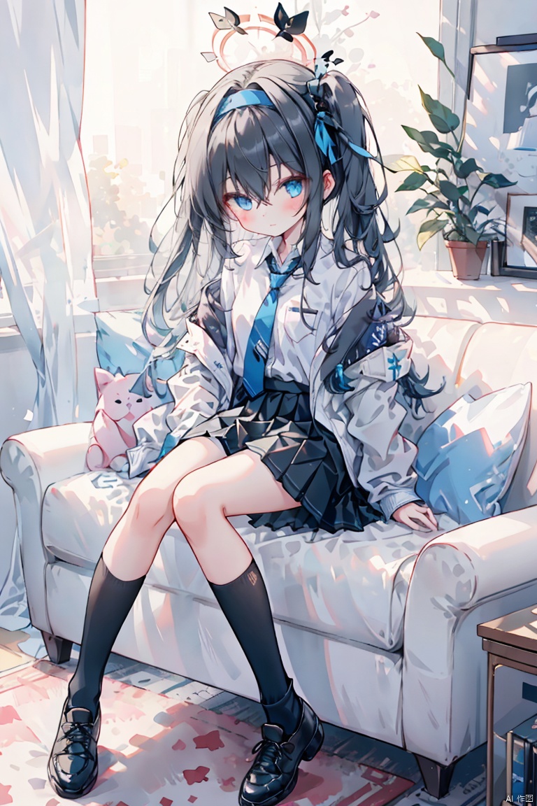  masterpiece, best quality,nai3, 1girl, aris (blue archive), long hair, solo, blue eyes, very long hair, halo, necktie, jacket, sitting, hair between eyes, absurdly long hair, black hair, couch, skirt, shirt, shoes, one side up, pleated skirt, blue necktie, full body, socks, black skirt, white shirt, pillow, hairband, collared shirt, white jacket, open clothes, black socks, black hairband, bangs, school uniform, open jacket, curtains, looking at viewer, on couch, erciyuan girl