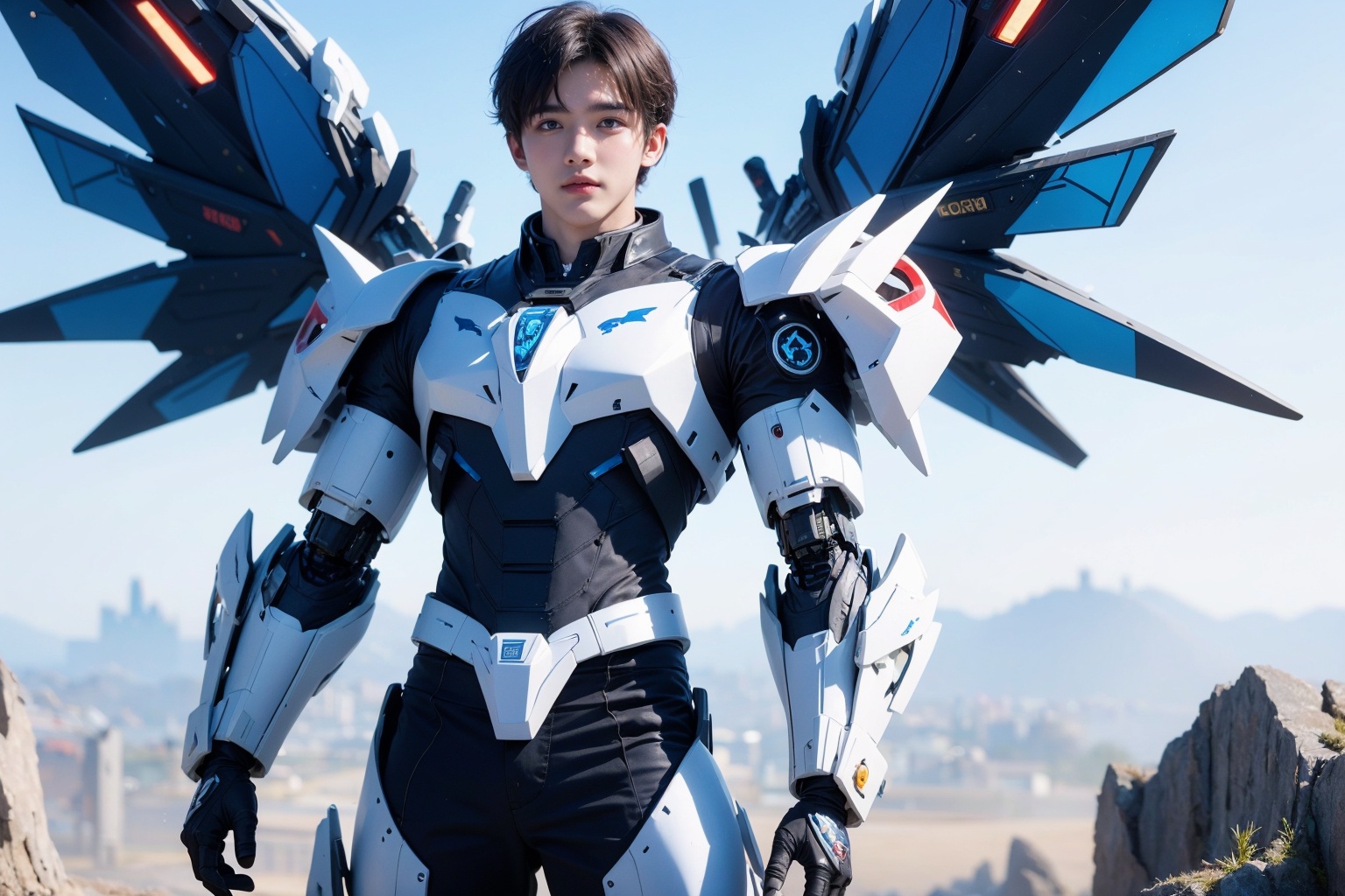 1boy,concept artwork,black hair,(a lonely solo boy:1.4),sky,wing,wings with fans,graphics card fan,strong male mecha warrior,mighty and domineering,cool mecha,32k,blue and white color scheme,white armor,white_background,standing,cowboy_shot,<lora:ASuo_v1:1>,