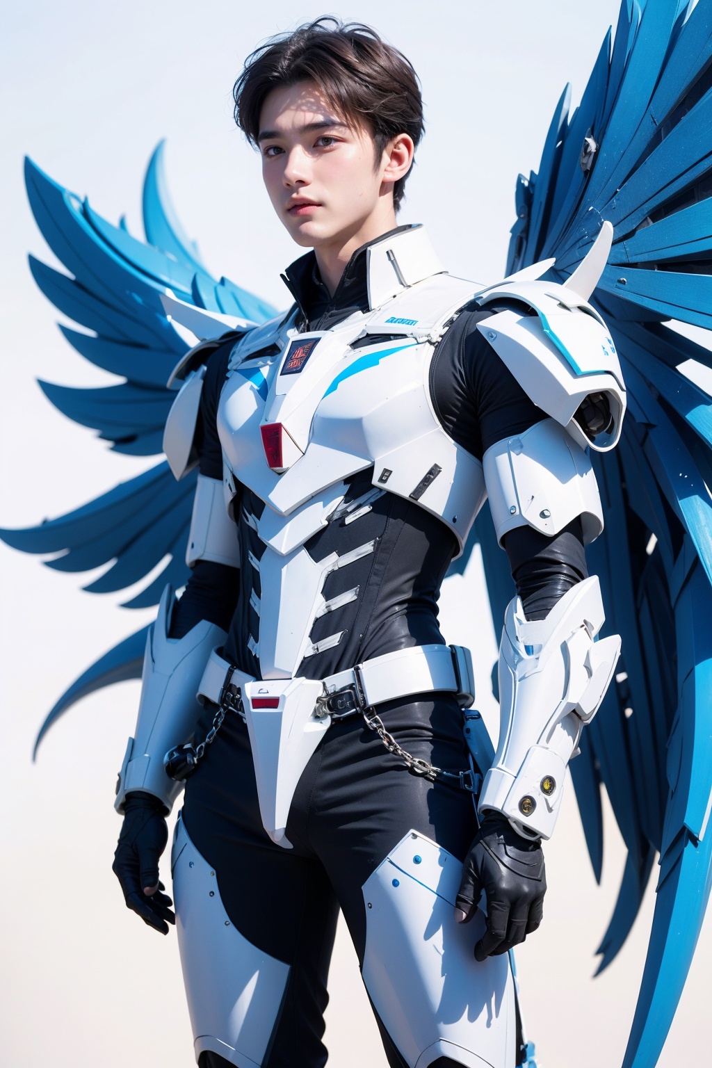 1boy,concept artwork,black hair,(a lonely solo boy:1.4),sky,wing,wings with fans,graphics card fan,strong male mecha warrior,mighty and domineering,cool mecha,32k,blue and white color scheme,white armor,white_background,standing,cowboy_shot,<lora:ASuo_v1:1>,