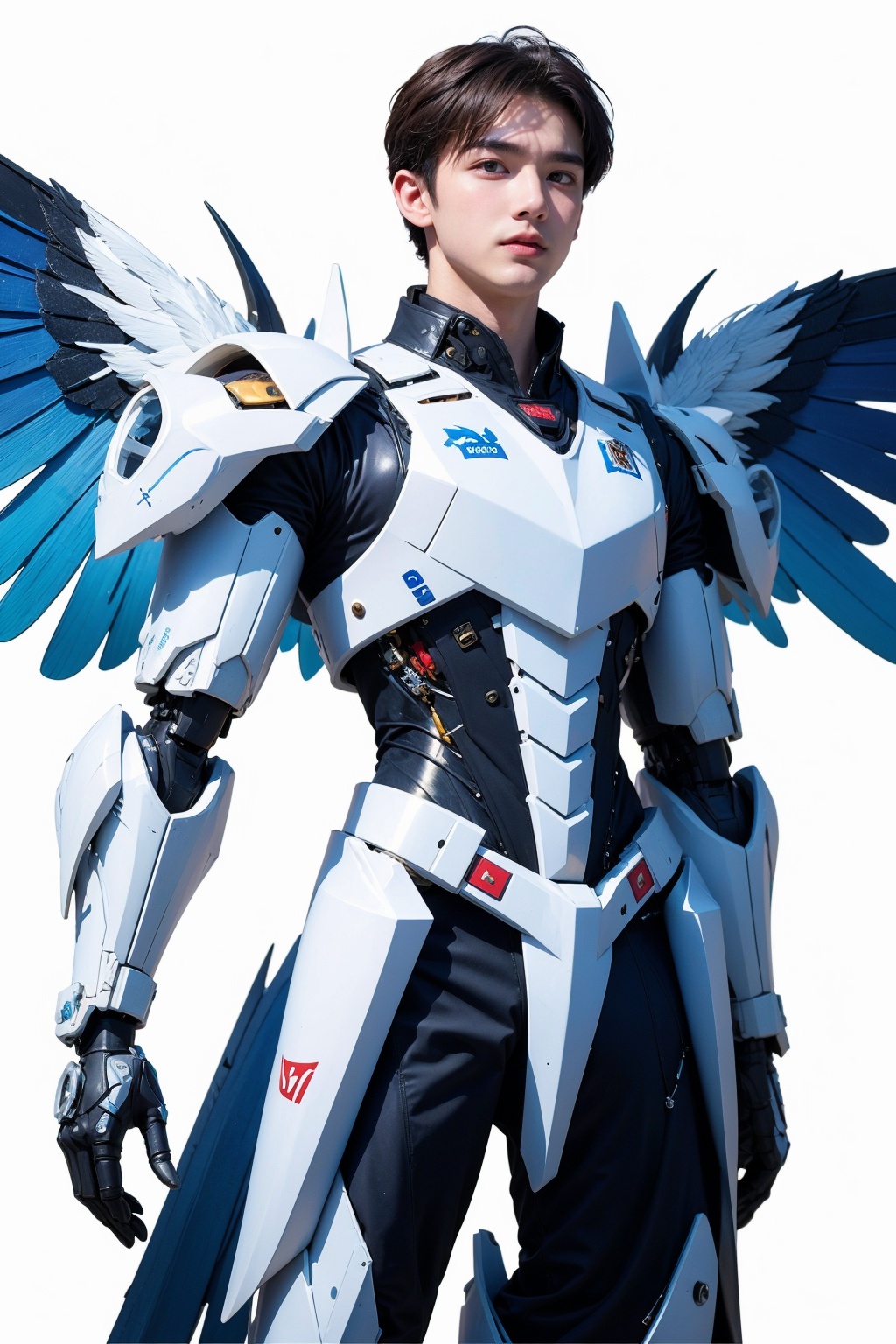 1boy,concept artwork,black hair,(a lonely solo boy:1.4),sky,wing,wings with fans,graphics card fan,strong male mecha warrior,mighty and domineering,cool mecha,32k,blue and white color scheme,white armor,white_background,standing,cowboy_shot,<lora:ASuo_v1:1>,