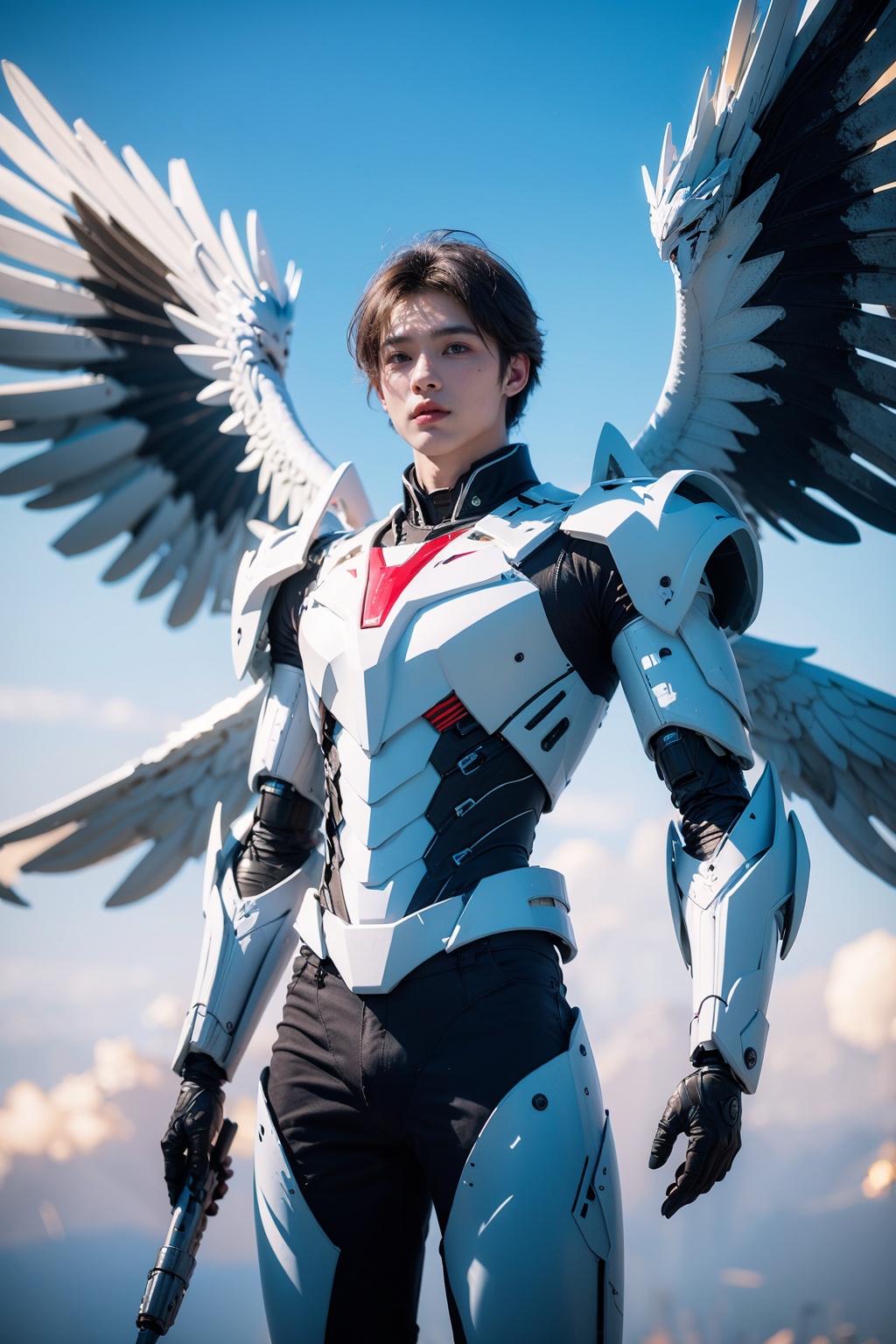 1boy,concept artwork,black hair,(a lonely solo boy:1.4),sky,wing,wings with fans,graphics card fan,strong male mecha warrior,mighty and domineering,cool mecha,32k,blue and white color scheme,white armor,white_background,standing,cowboy_shot,<lora:ASuo_v1:1>,