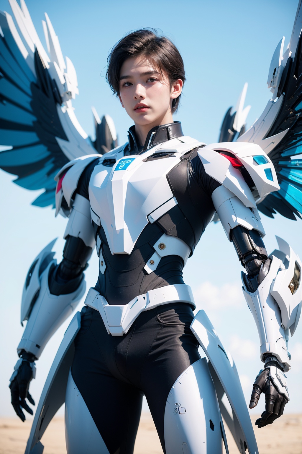 1boy,concept artwork,black hair,(a lonely solo boy:1.4),sky,wing,wings with fans,graphics card fan,strong male mecha warrior,mighty and domineering,cool mecha,32k,blue and white color scheme,white armor,white_background,standing,cowboy_shot,<lora:ASuo_v1:1>,