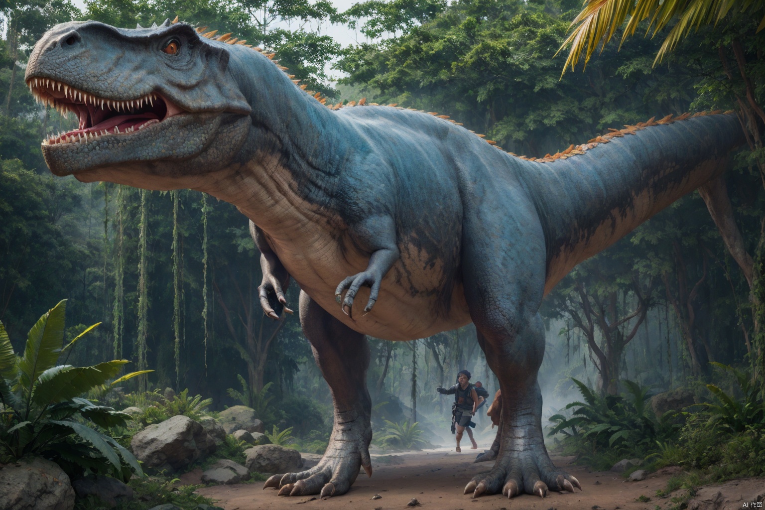 Jurassic, in the rainforest, a ferocious dinosaur, Attack, skin details, black feathers , attacking a hamster, ((Best quality)),((Best quality)),((realistic)),((exterior view)),photo realistic,(masterpiece),orante,super detailed,intricate,photo like image quality