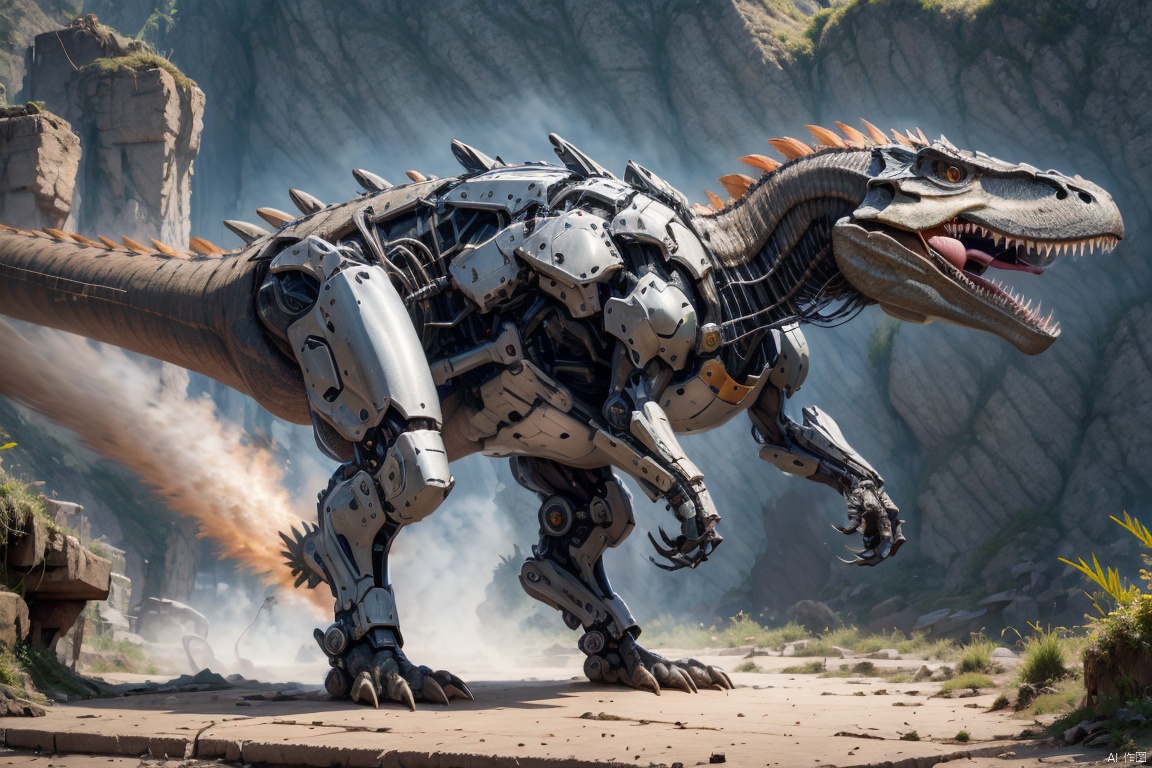 FF,Dinosaurs,T rex\(Jurassic,huge metal body,machine_rob,power_armor,science fiction,eyes of vertical line pupils,(The body and tail constructed from metal mechanical parts):1.3,sides,strong tail strike ground,attack state,sharp claws,Male Focus,looking at viewer,(flying dust):1.4,outdoor,
, Dinosaurs, 1girl