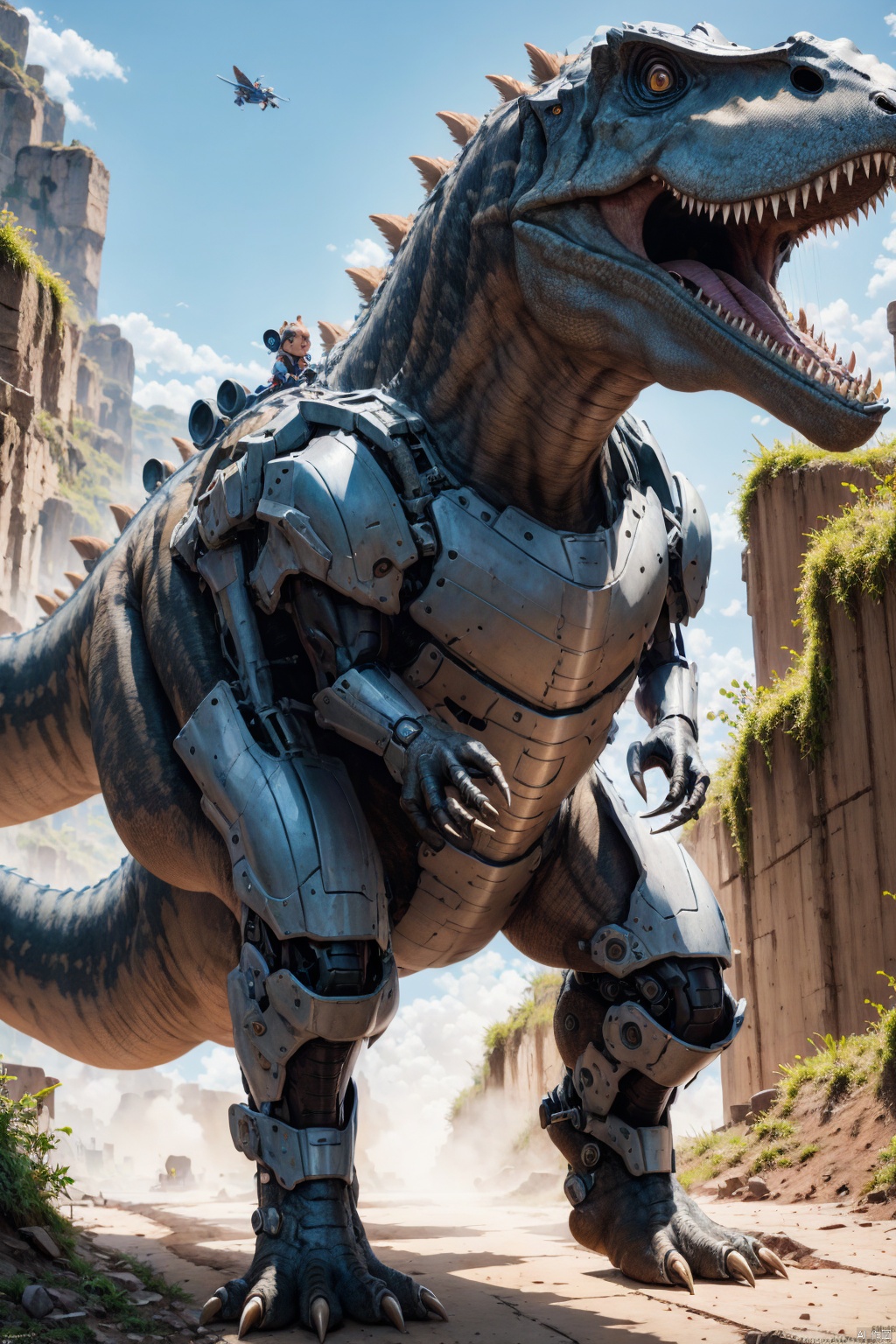  FF,Dinosaurs,T rex\(Jurassic,huge metal body,machine_rob,power_armor,science fiction,eyes of vertical line pupils,(The body and tail constructed from metal mechanical parts):1.3,sides,strong tail strike ground,attack state,sharp claws,Male Focus,looking at viewer,(flying dust):1.4,outdoor,
, Dinosaurs, 1girl