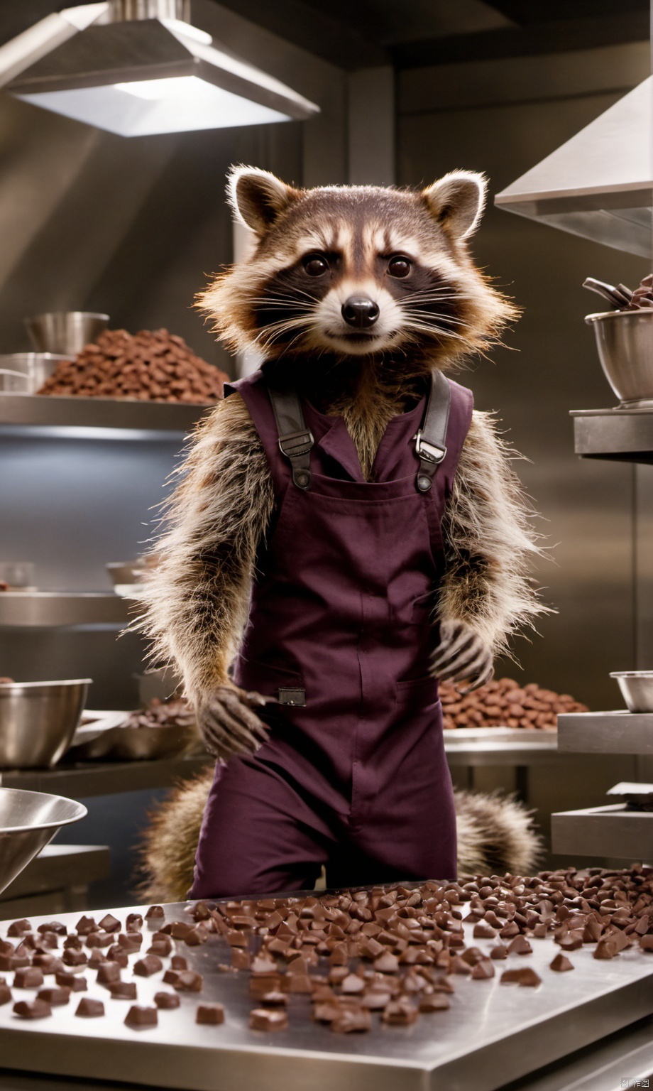 film still of Rocket Racoon working as a chocolatier in the new Avengers movie,8k,

,Movie Still,
