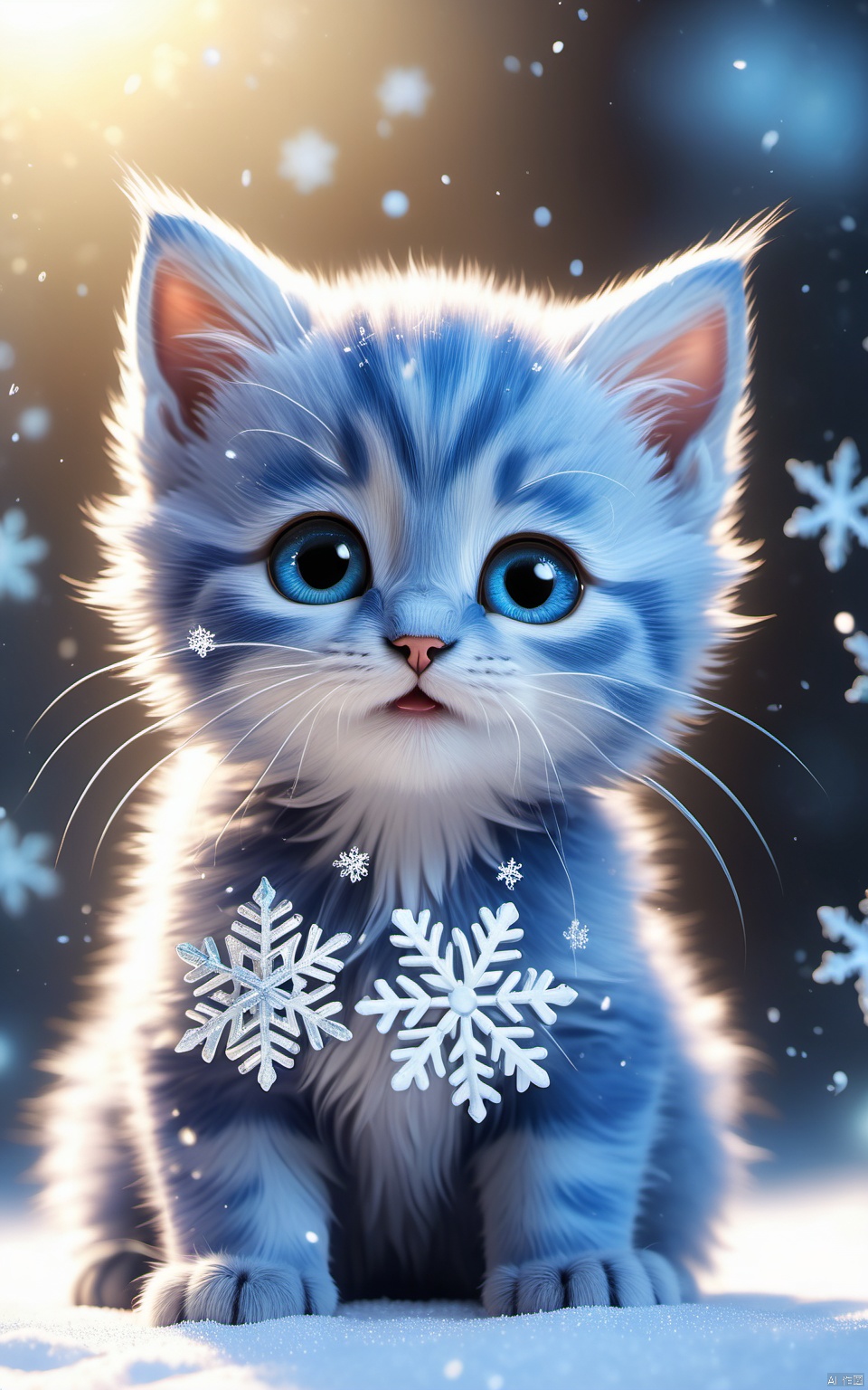  (best quality),(masterpiece),little fluffy blue kitten playing with little snowflakes,small detailed eyes with highlights,long eyelashes,fur,original style,cute,cute and charming,fantasy with glowing eyes,sparkling Sun,soft light,glitter,professional photo,beautiful,3d,realistic,8k,high resolution,cgi,hyperrealism,1/300's,highly detailed digital painting,bizarre,