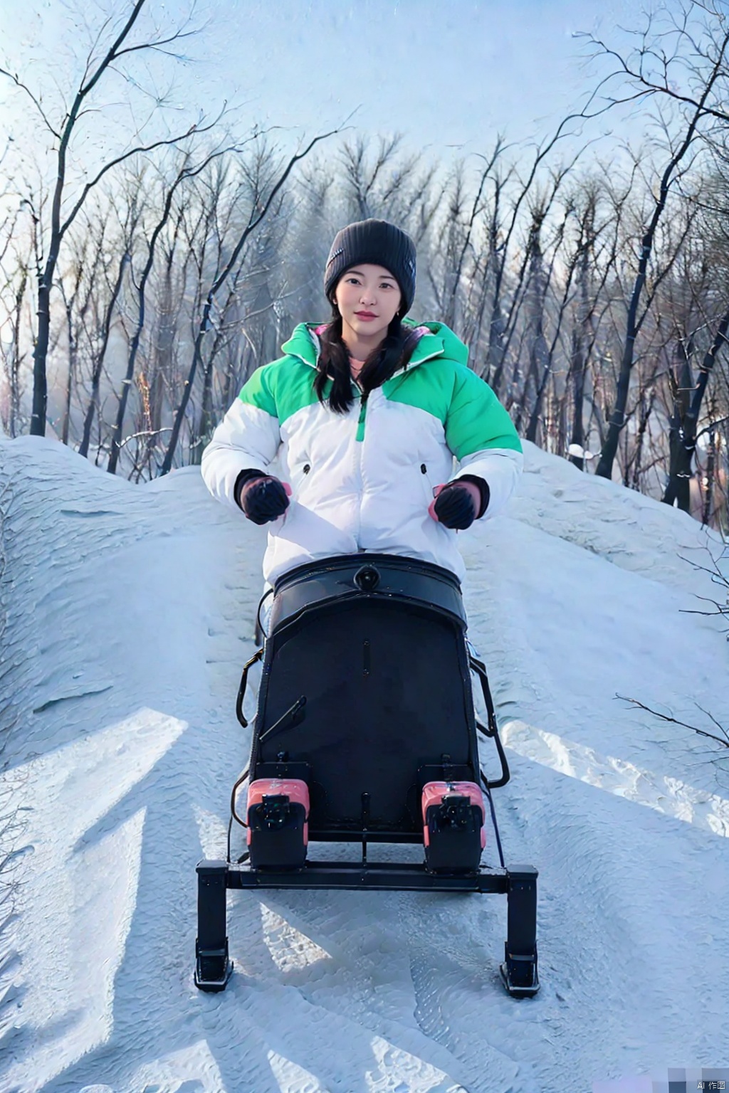 (1girl:1.3), (best quality, masterpiece, ultra high resolution),(photorealistic:1.3), (realistic:1.3), depth of field,(full body:1.2), (outdoors:1.2), (day:1.2), (cinematic lighting:1.2), near to camera, snow, green puffer jacket, (sled: 1.3)