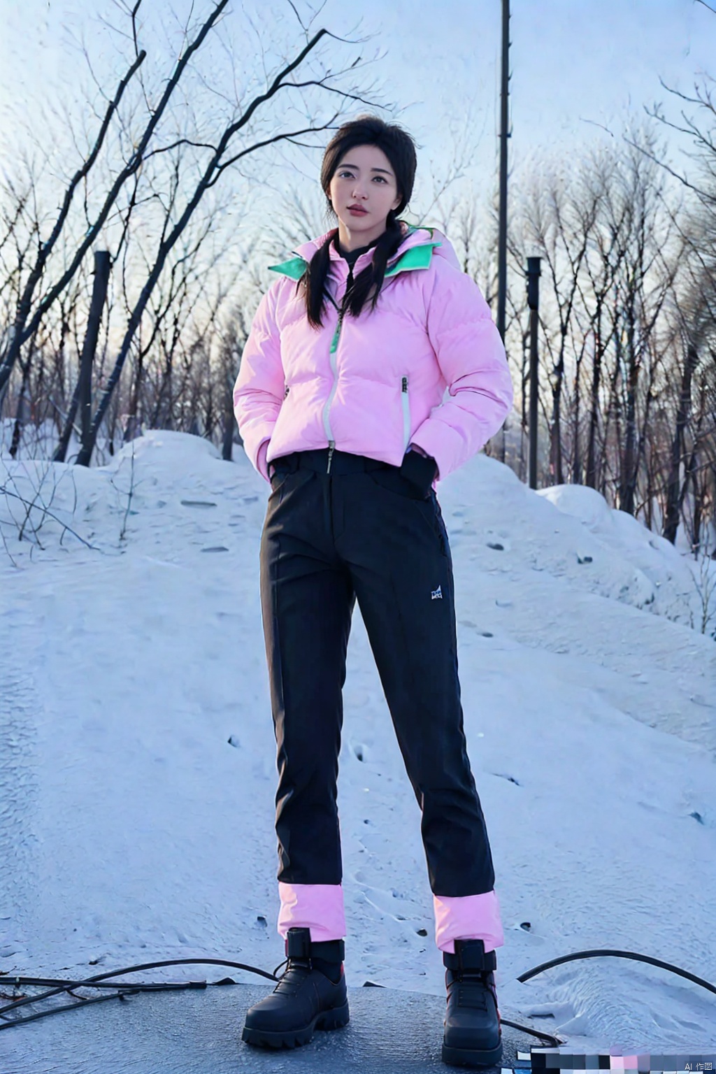 (1girl:1.3), (best quality, masterpiece, ultra high resolution),(photorealistic:1.3), (realistic:1.3), depth of field,(full body:1.2), (outdoors:1.2), (day:1.2), (cinematic lighting:1.2), near to camera, new year, puffer jacket