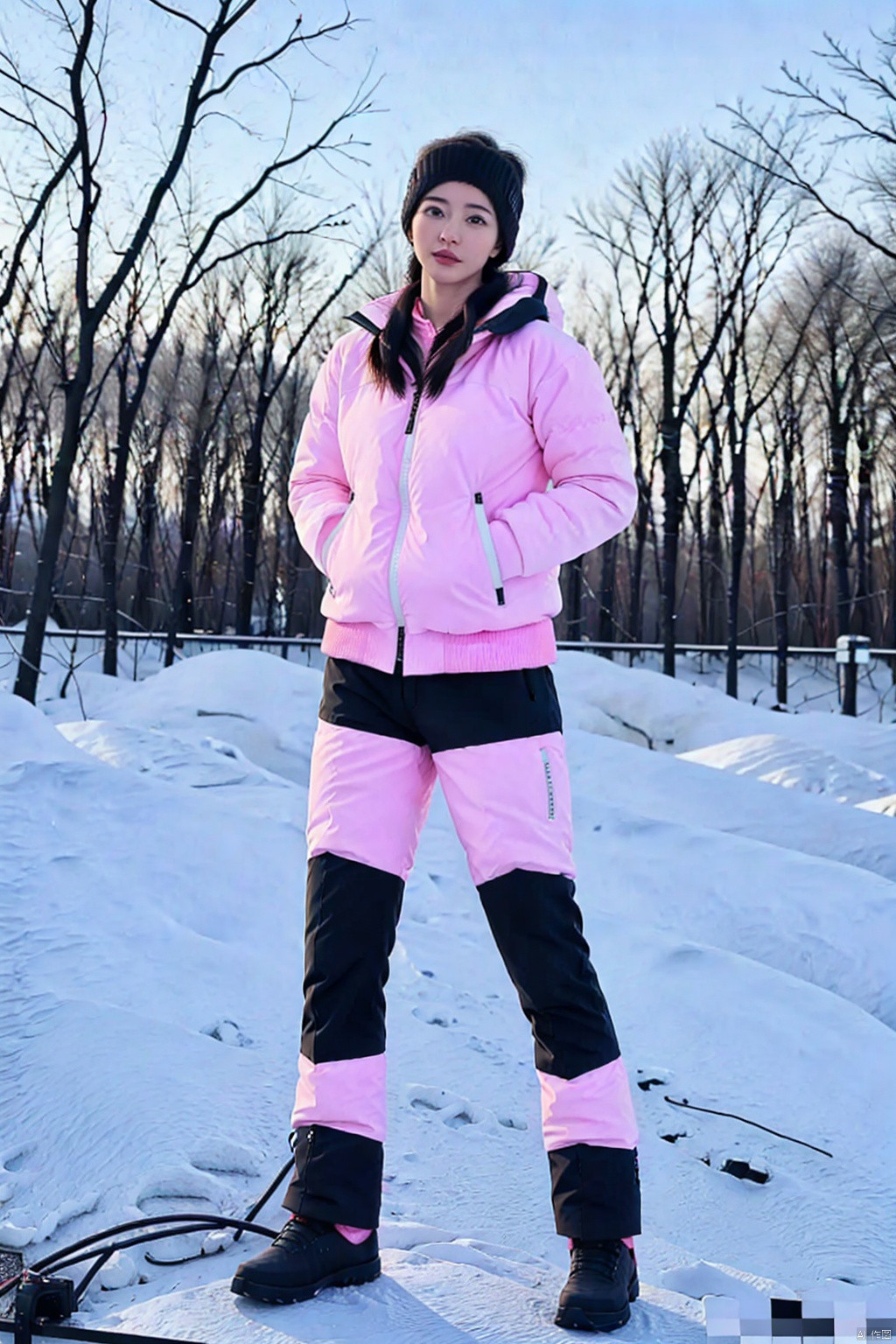 (1girl:1.3), (best quality, masterpiece, ultra high resolution),(photorealistic:1.3), (realistic:1.3), depth of field,(full body:1.2), (outdoors:1.2), (day:1.2), (cinematic lighting:1.2), near to camera, snow, puffer jacket