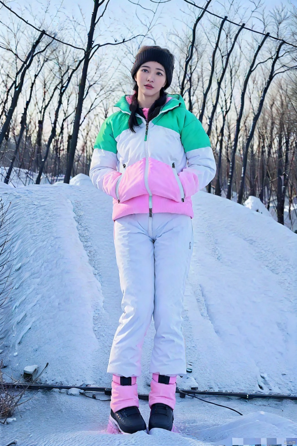 (1girl:1.3), (best quality, masterpiece, ultra high resolution),(photorealistic:1.3), (realistic:1.3), depth of field,(full body:1.2), (outdoors:1.2), (day:1.2), (cinematic lighting:1.2), near to camera, snow, green puffer jacket