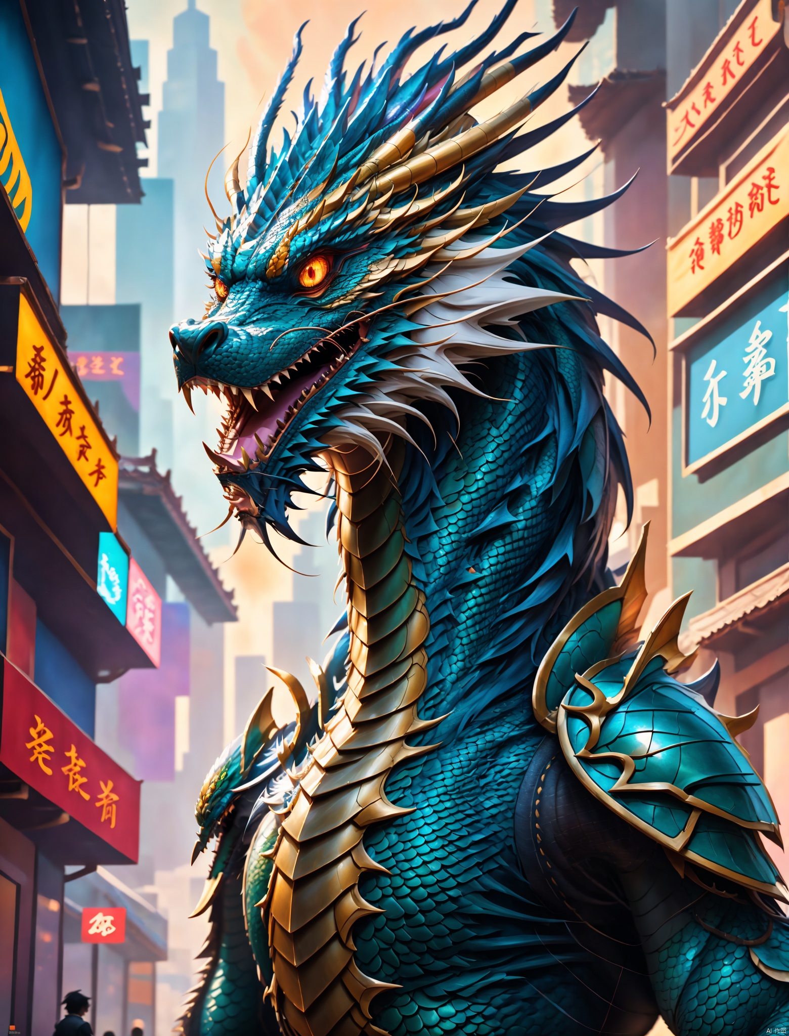  Chinese dragon,Leading man,Armor,Colorful background,upper_body,Avatar,portrait,Dragon head, Surrealism, from below, Nikon, Surrealism, backlighting, 8k, super detail, high quality, high details, UHD, award winning, textured skin, anatomically correct, bailing_eastern dragon, (masterpiece),cyberpunk, dragon, solo,No humans., Anime, fantasy, qtcg, magic