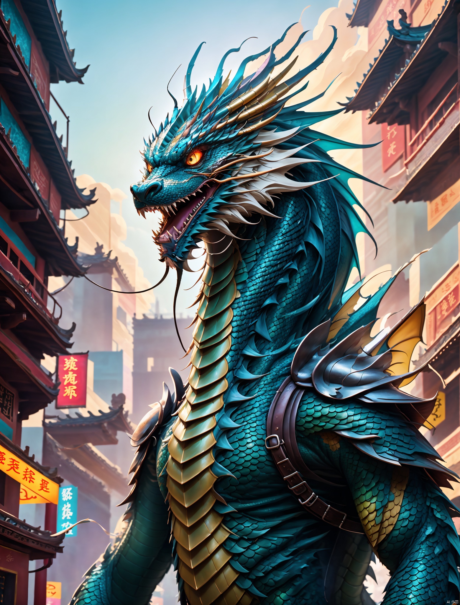  Chinese dragon,Leadingman,Armor,金属质感,Colorful background,upper_body,Avatar,portrait,Dragon head, Surrealism, from below, Nikon, Surrealism, backlighting, 8k, super detail, high quality, high details, UHD, award winning, textured skin, anatomically correct, bailing_eastern dragon, (masterpiece),cyberpunk, dragon, solo,No humans., Anime, fantasy, qtcg, magic