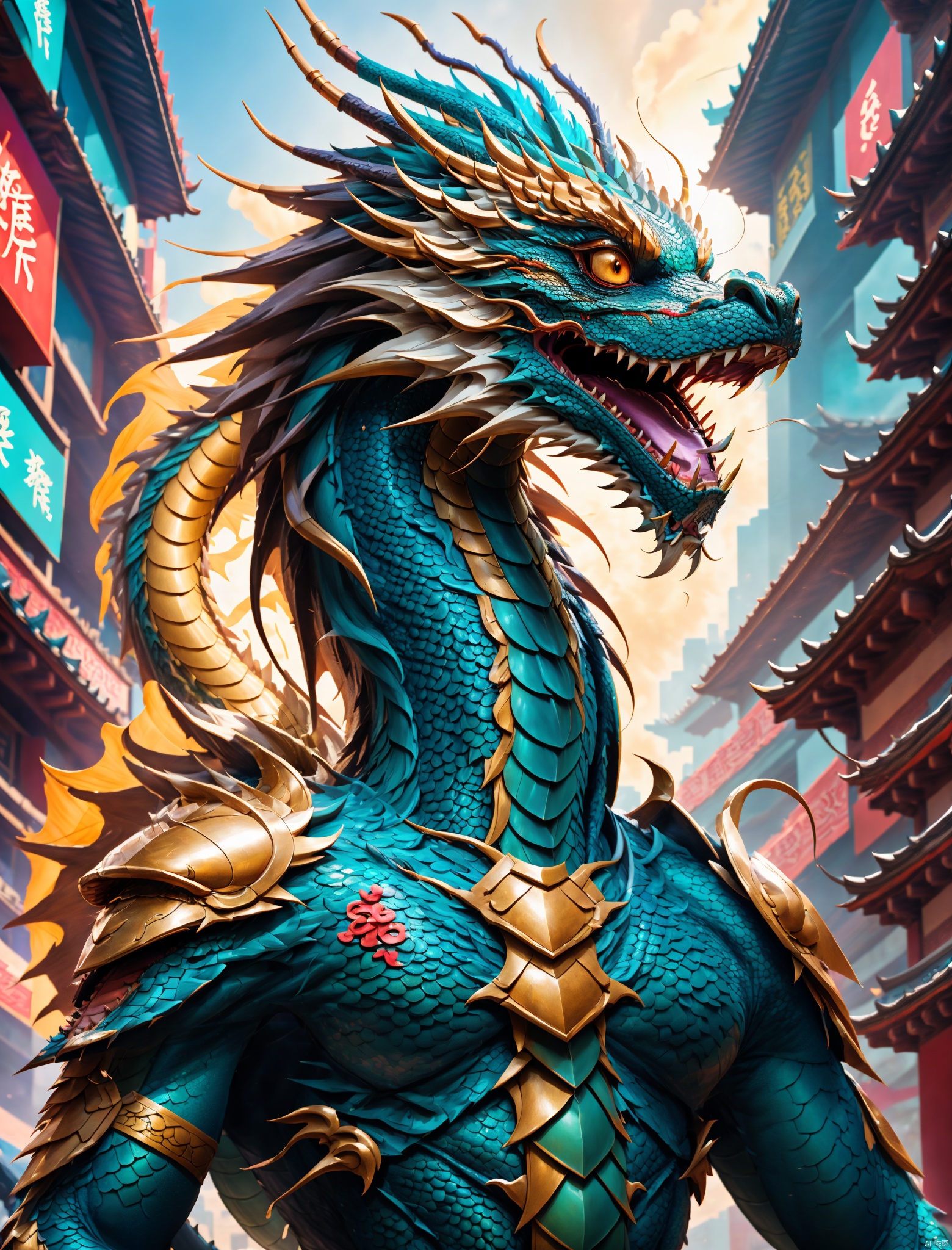  Chinese dragon,Leading man,Armor,Colorful background,upper_body,Avatar,portrait,Dragon head, Surrealism, from below, Nikon, Surrealism, backlighting, 8k, super detail, high quality, high details, UHD, award winning, textured skin, anatomically correct, bailing_eastern dragon, (masterpiece),cyberpunk, dragon, solo,No humans., Anime, fantasy, qtcg, magic