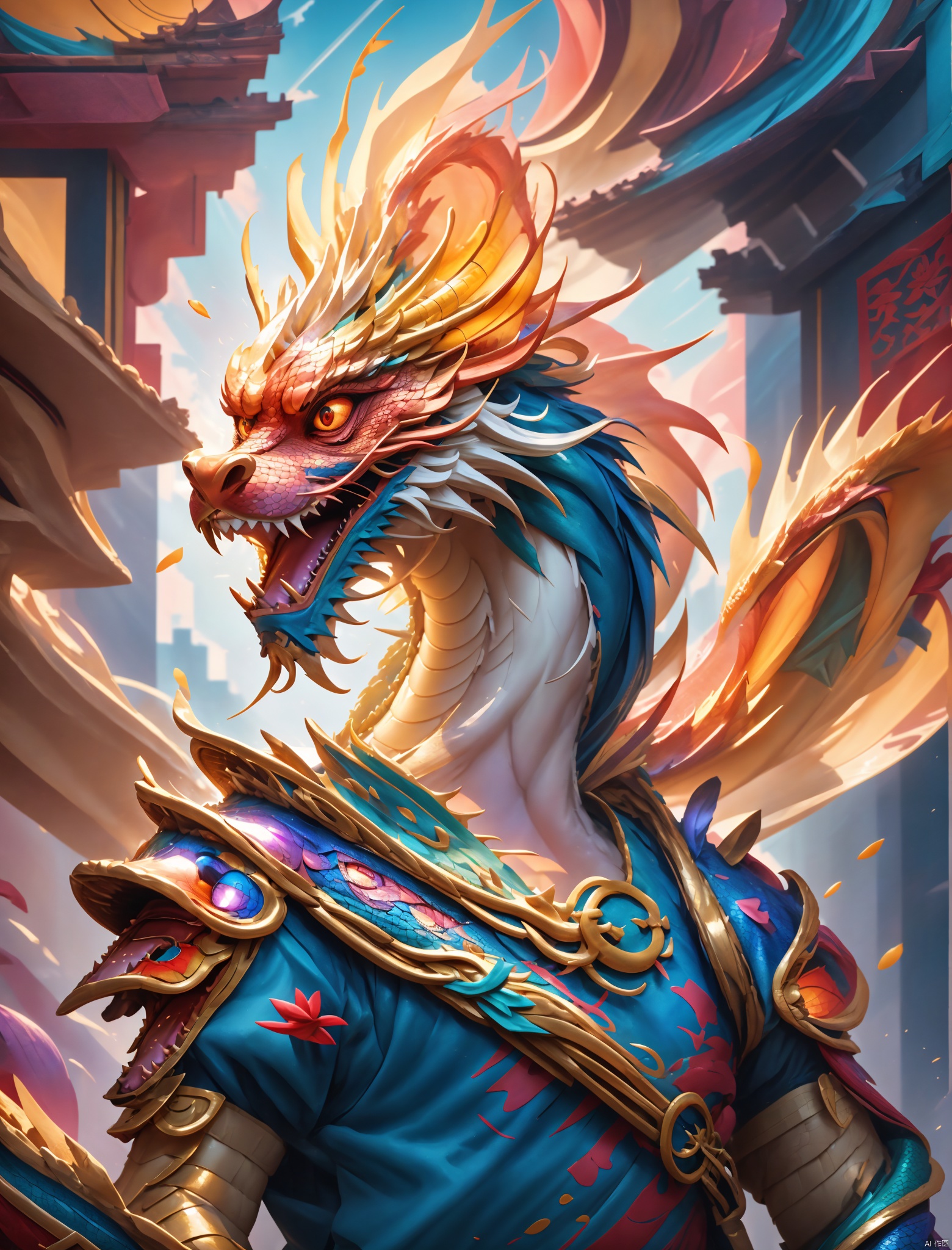  Chinese dragon,Leading man,Armor,Metallic texture,hanfu,Emperor's robes,,Colorful background,upper_body,Avatar,portrait,Dragon head, Surrealism, from below, Nikon, Surrealism, backlighting, 8k, super detail, high quality, high details, UHD, award winning, textured skin, anatomically correct, bailing_eastern dragon, (masterpiece),cyberpunk, dragon, solo,No humans., Anime, fantasy, qtcg, magic