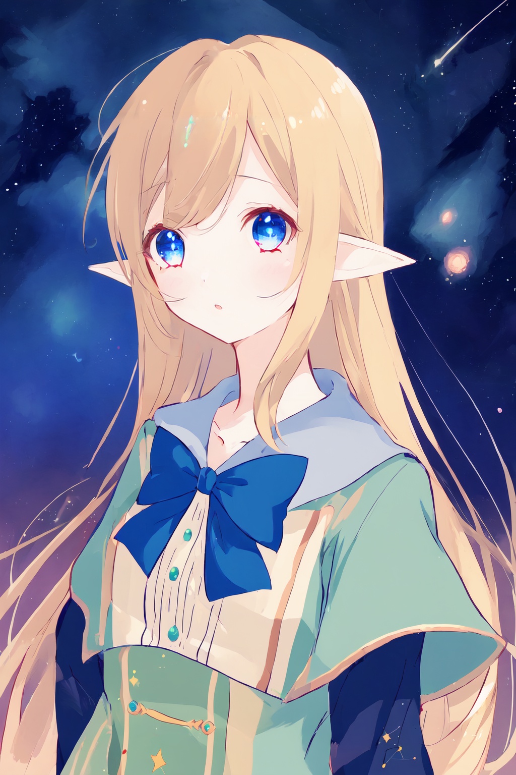 1girl,bishoujo,elf,starry_sky,