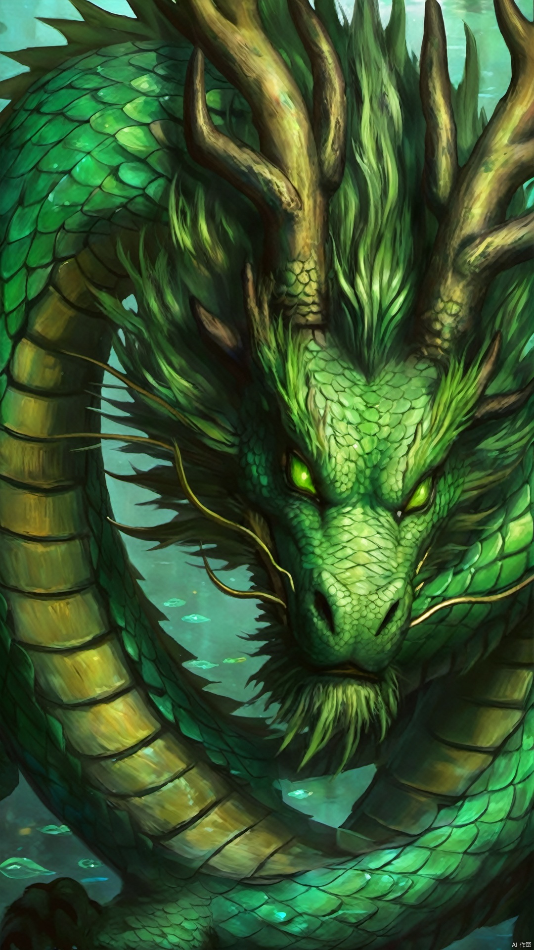 /long/dragon, oriental dragon, green eyes, horns, scales, (hyper-realistic), glowing eyes, claws, antlers, mysterious underwater background