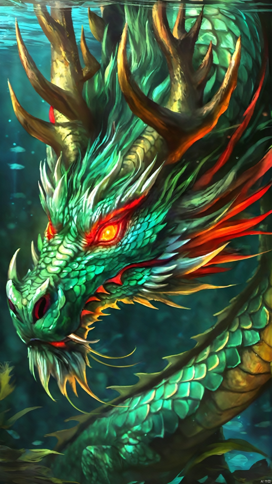 /long/dragon, oriental dragon, red eyes, horns, scales, (hyperrealistic), glowing eyes, claws, antlers, mysterious underwater background