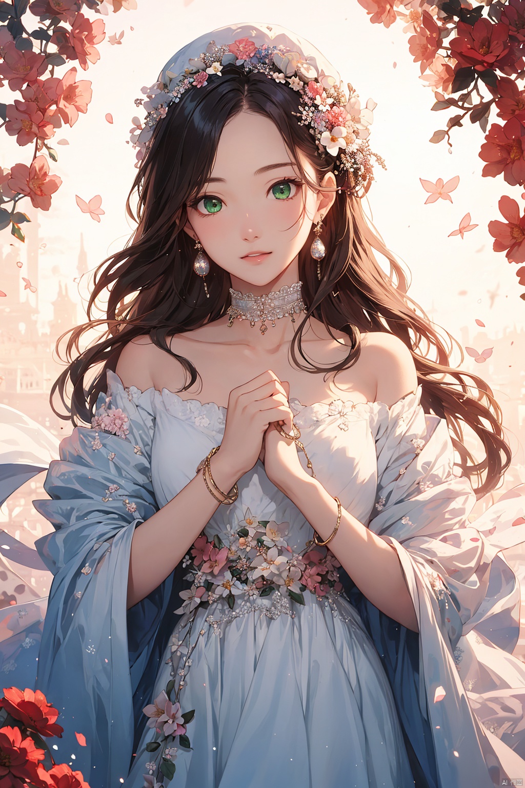 A girl, silk, cocoon, spider web, Solo, Complex Details, Color Differences, Realistic, (Moderate Breath), Off Shoulder, Eightfold Goddess, Pink Long Hair, White Headwear, Hair Above One Eye, Green Eyes, Earrings, Sharp Eyes, Perfect Fit, Choker, Dim Lights, cocoon, transparent, jiBeauty, 1girl, flowers, mtianmei, Look at the camera., flowing skirts, Giant flowers, good hands,<lora:EMS-260107-EMS:0.600000>