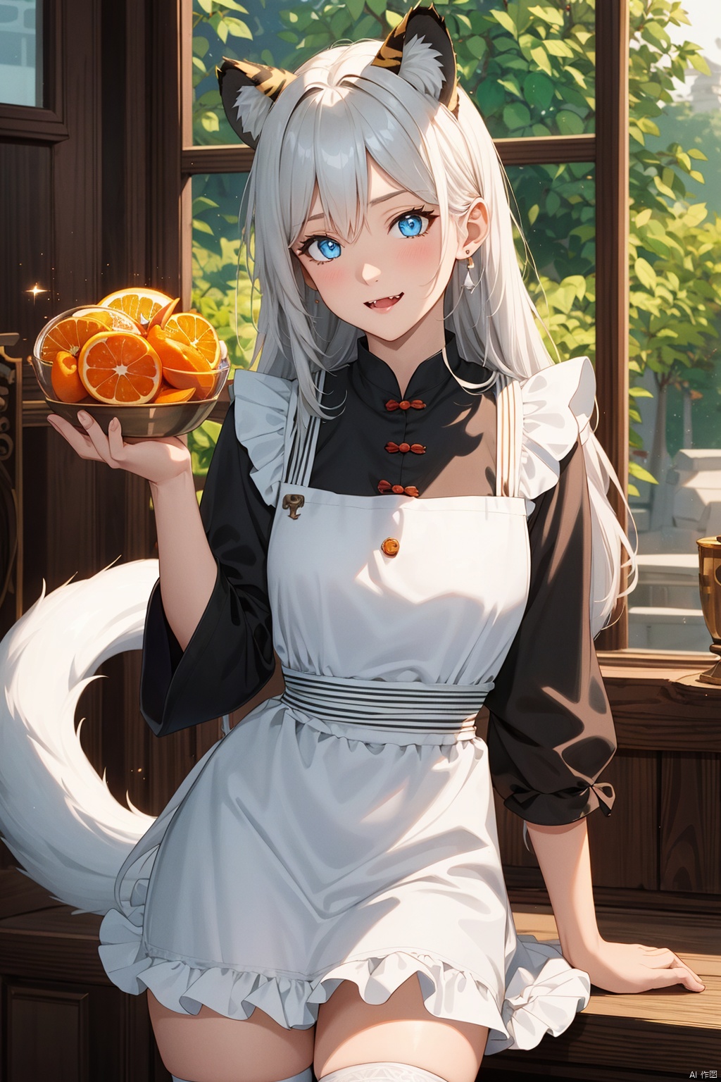 1girl,  solo,  looking_at_viewer,  sad,  skirt,  thighhighs,  long_sleeves,  dress,  animal_ears,  blue_eyes,  tail,  full_body,  long white with silver hair,  multicolored_hair,  food,  fang,  wide_sleeves,  apron,  fox_ear_fluff,  bell,  fangs,  frilled_dress,  frilled_sleeves, single_thighhigh,  white_apron,  frilled_apron,  new_year,  brown_skirt,  brown_dress,  claw_pose,  tiger_ears,  chinese_zodiac,  tiger_tail,  orange_\(fruit\),  tiger,  mandarin_orange,  2022,  egasumi,  tiger_girl,  year_of_the_tiger,  white_tiger, (masterpiece),  (best quality),  ((ultra-detailed)),  A Pixar 3D showcasing coexisting harmoniously amid lush greenery,  (crystal glowin on hand),  eyesseye, good hands,<lora:EMS-260107-EMS:0.300000>,<lora:EMS-90095-EMS:0.400000>