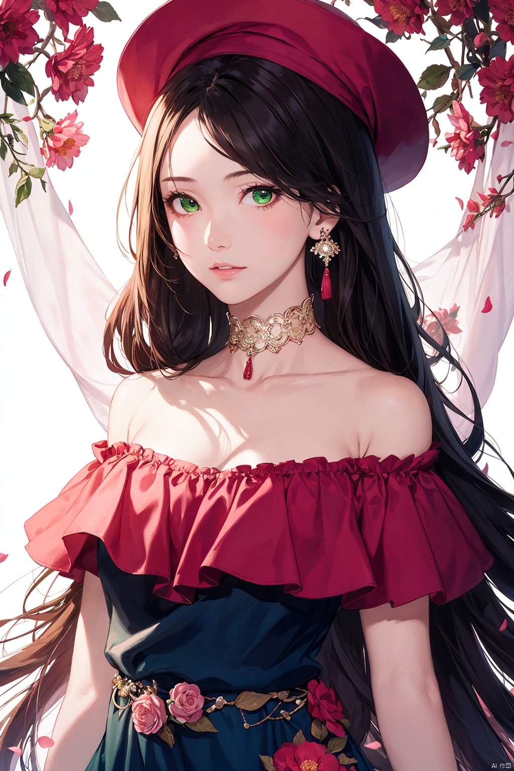 A girl, silk, cocoon, spider web, Solo, Complex Details, Color Differences, Realistic, (Moderate Breath), Off Shoulder, Eightfold Goddess, Pink Long Hair, White Headwear, Hair Above One Eye, Green Eyes, Earrings, Sharp Eyes, Perfect Fit, Choker, Dim Lights, cocoon, transparent, jiBeauty, 1girl, flowers, mtianmei, Look at the camera., flowing skirts, Giant flowers, ,  pld